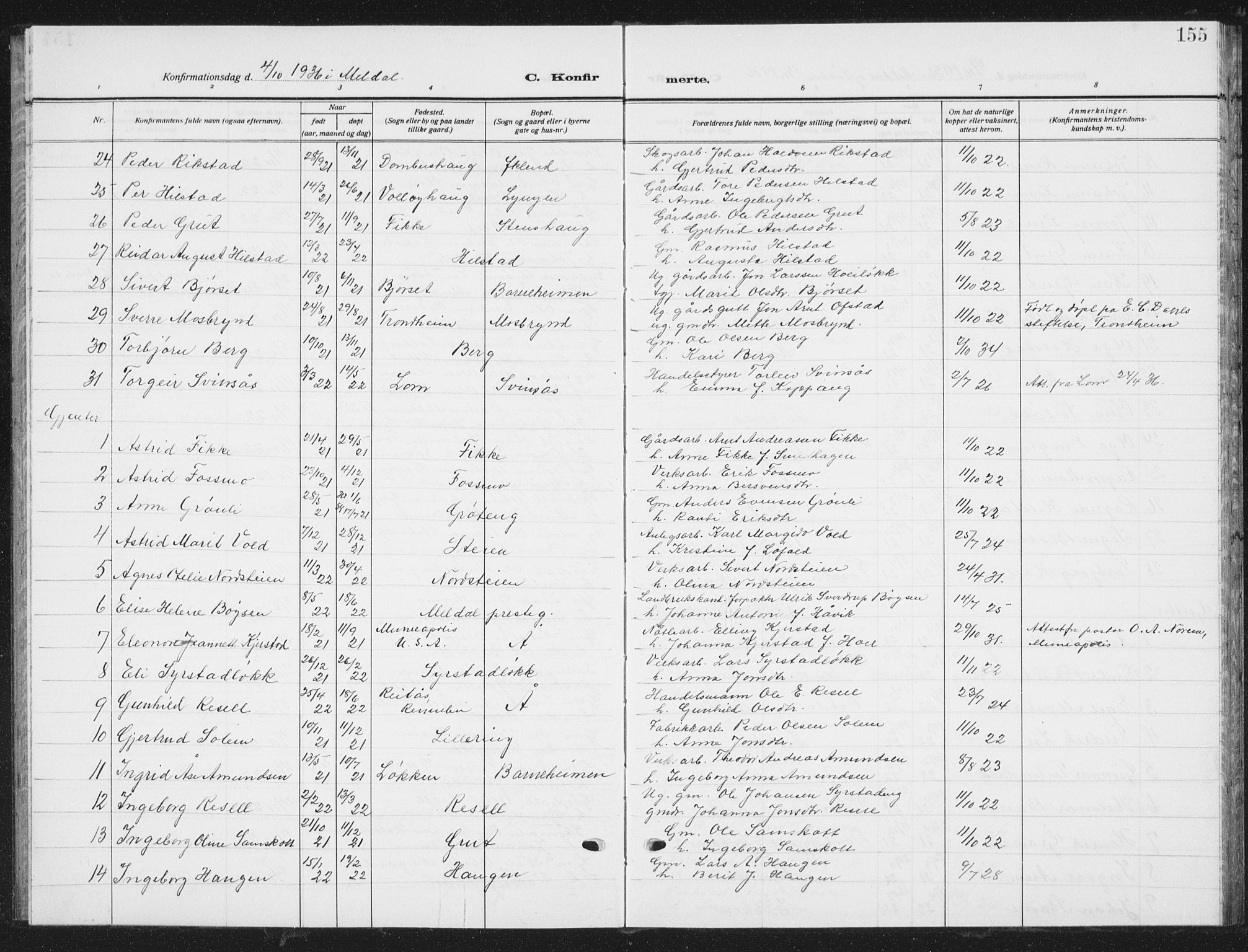 Ministerialprotokoller, klokkerbøker og fødselsregistre - Sør-Trøndelag, AV/SAT-A-1456/672/L0866: Parish register (copy) no. 672C05, 1929-1939, p. 155