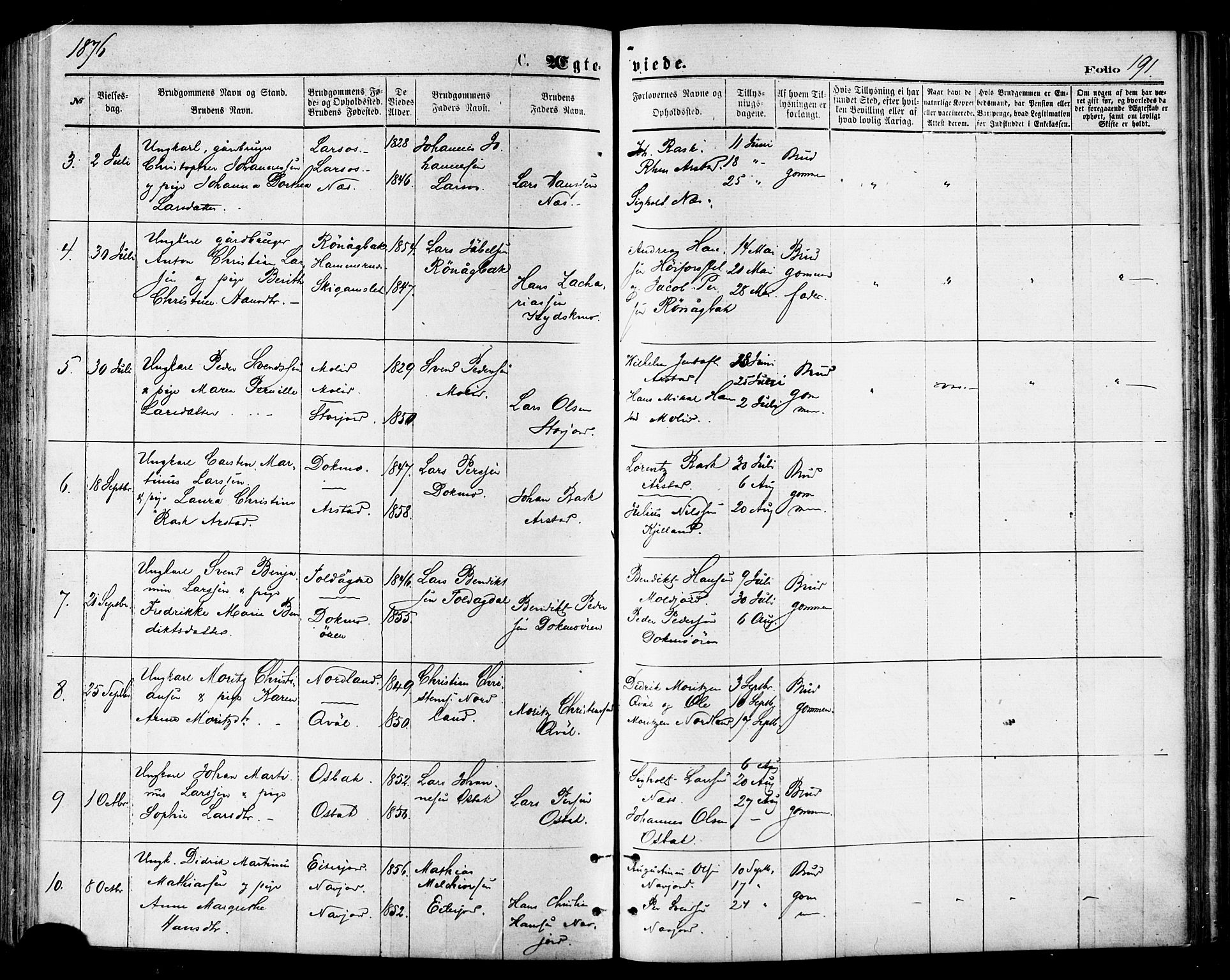 Ministerialprotokoller, klokkerbøker og fødselsregistre - Nordland, AV/SAT-A-1459/846/L0645: Parish register (official) no. 846A03, 1872-1886, p. 191