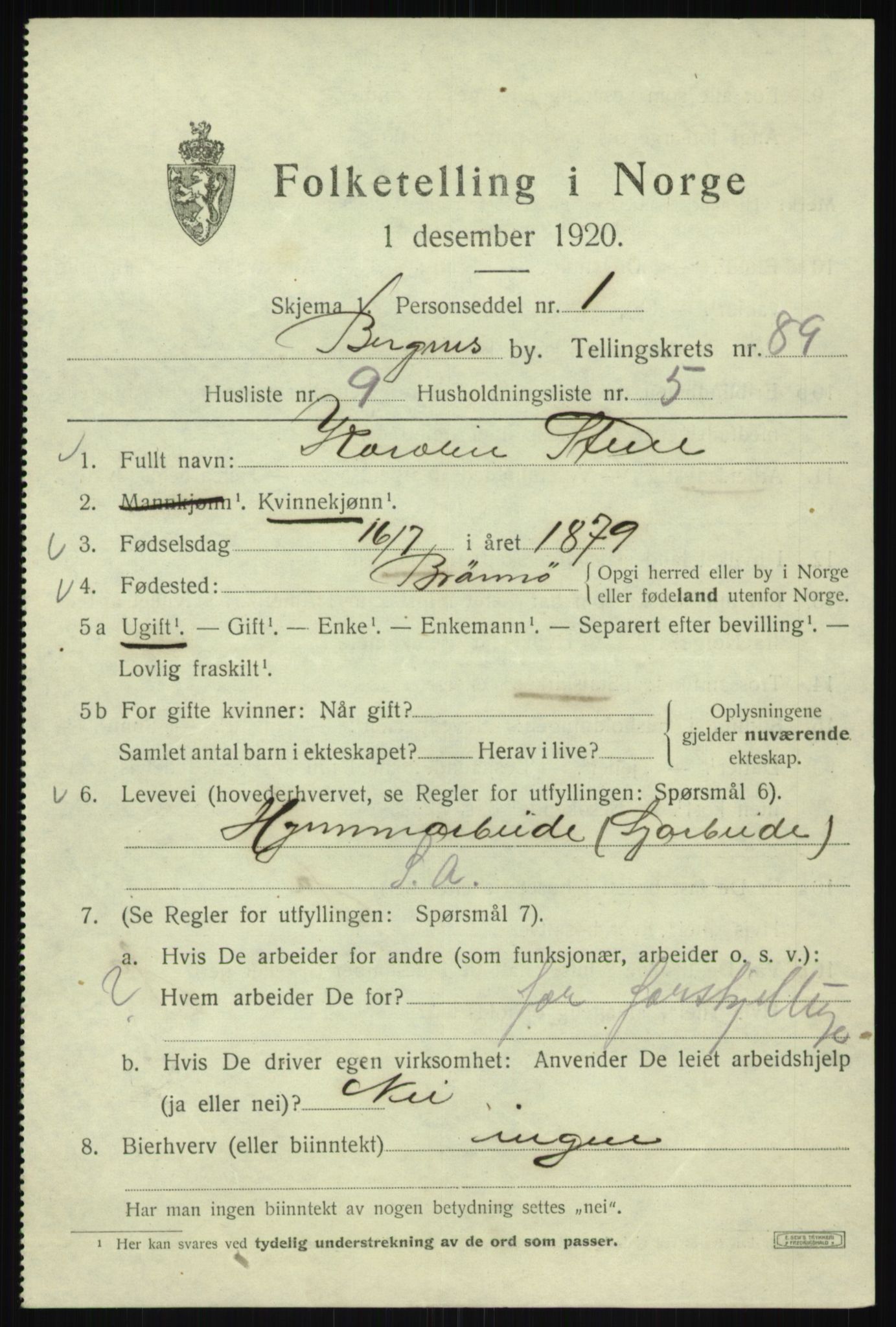 SAB, 1920 census for Bergen, 1920, p. 162229