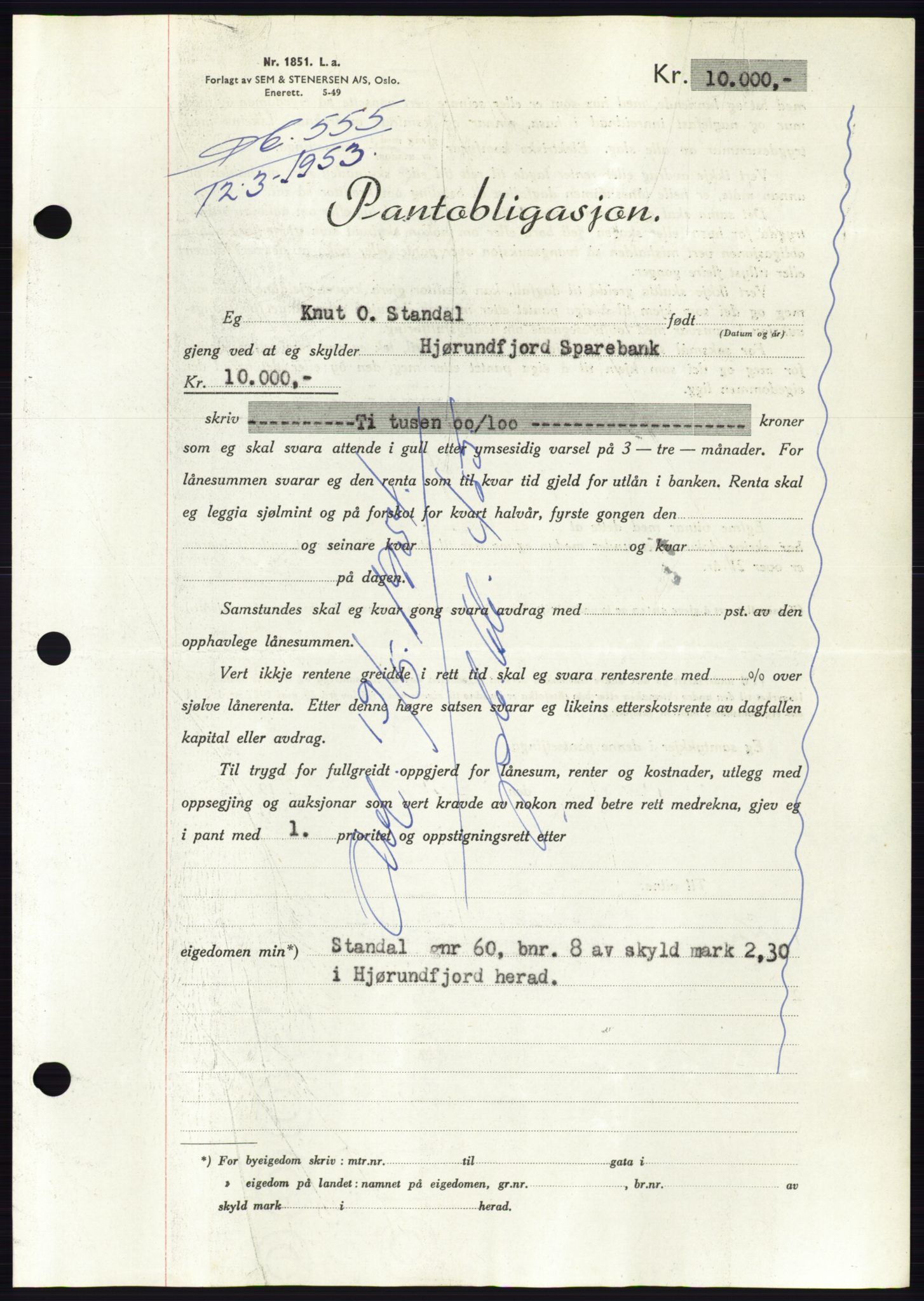 Søre Sunnmøre sorenskriveri, AV/SAT-A-4122/1/2/2C/L0123: Mortgage book no. 11B, 1953-1953, Diary no: : 555/1953