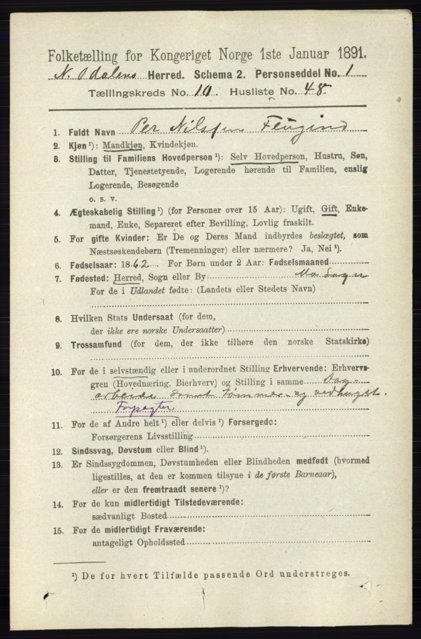 RA, 1891 census for 0418 Nord-Odal, 1891, p. 4799