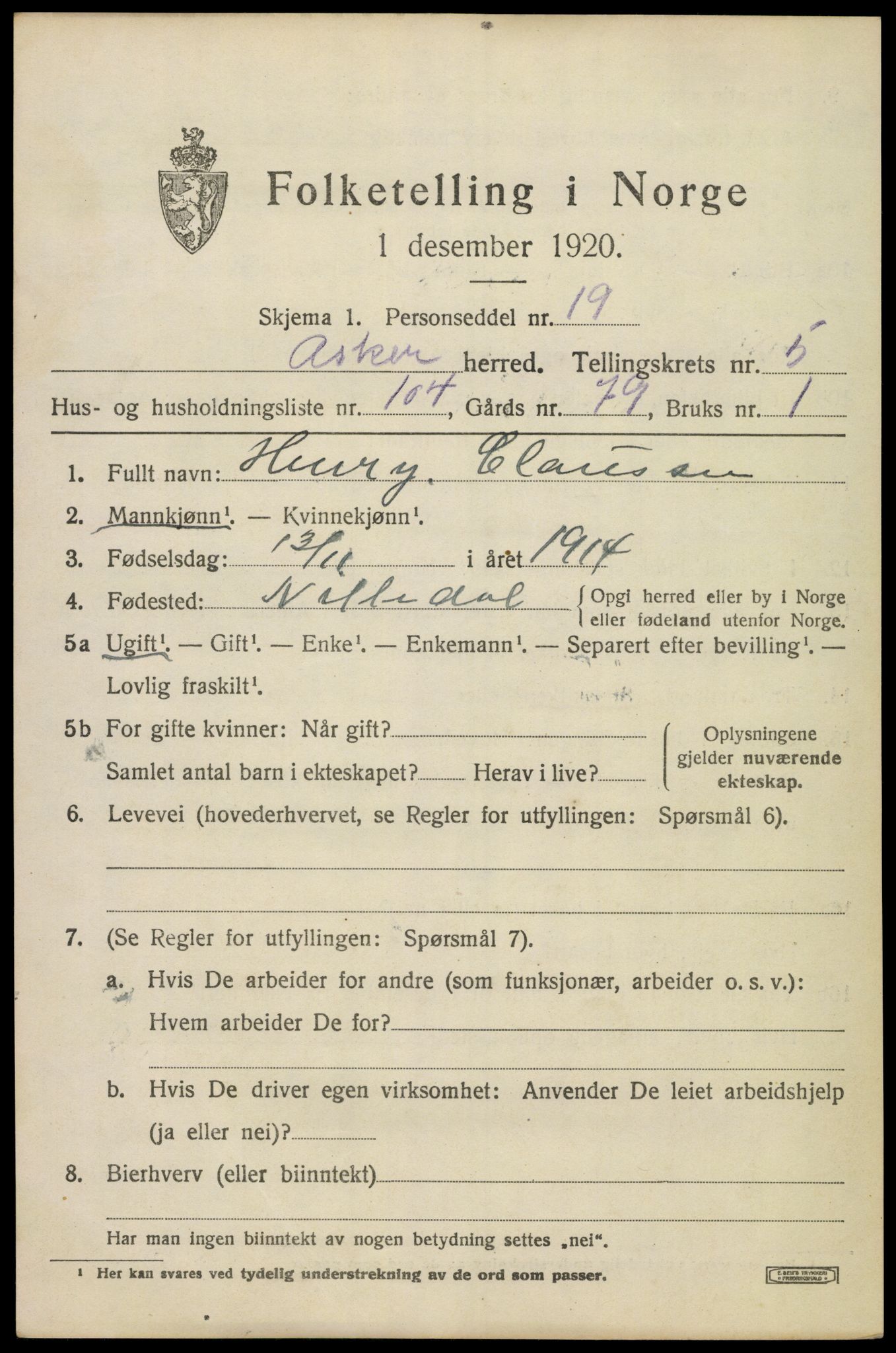 SAO, 1920 census for Asker, 1920, p. 14064