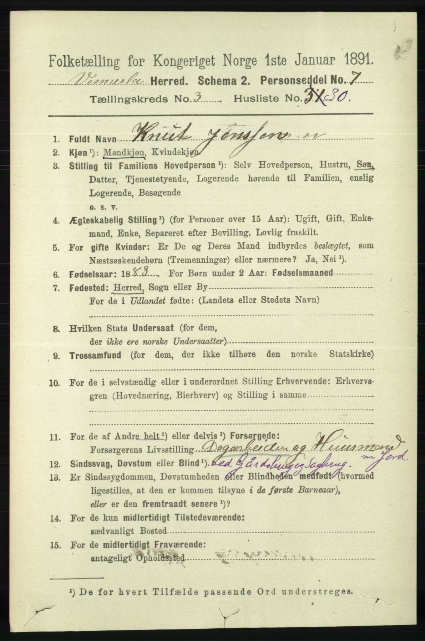 RA, 1891 census for 1014 Vennesla, 1891, p. 830