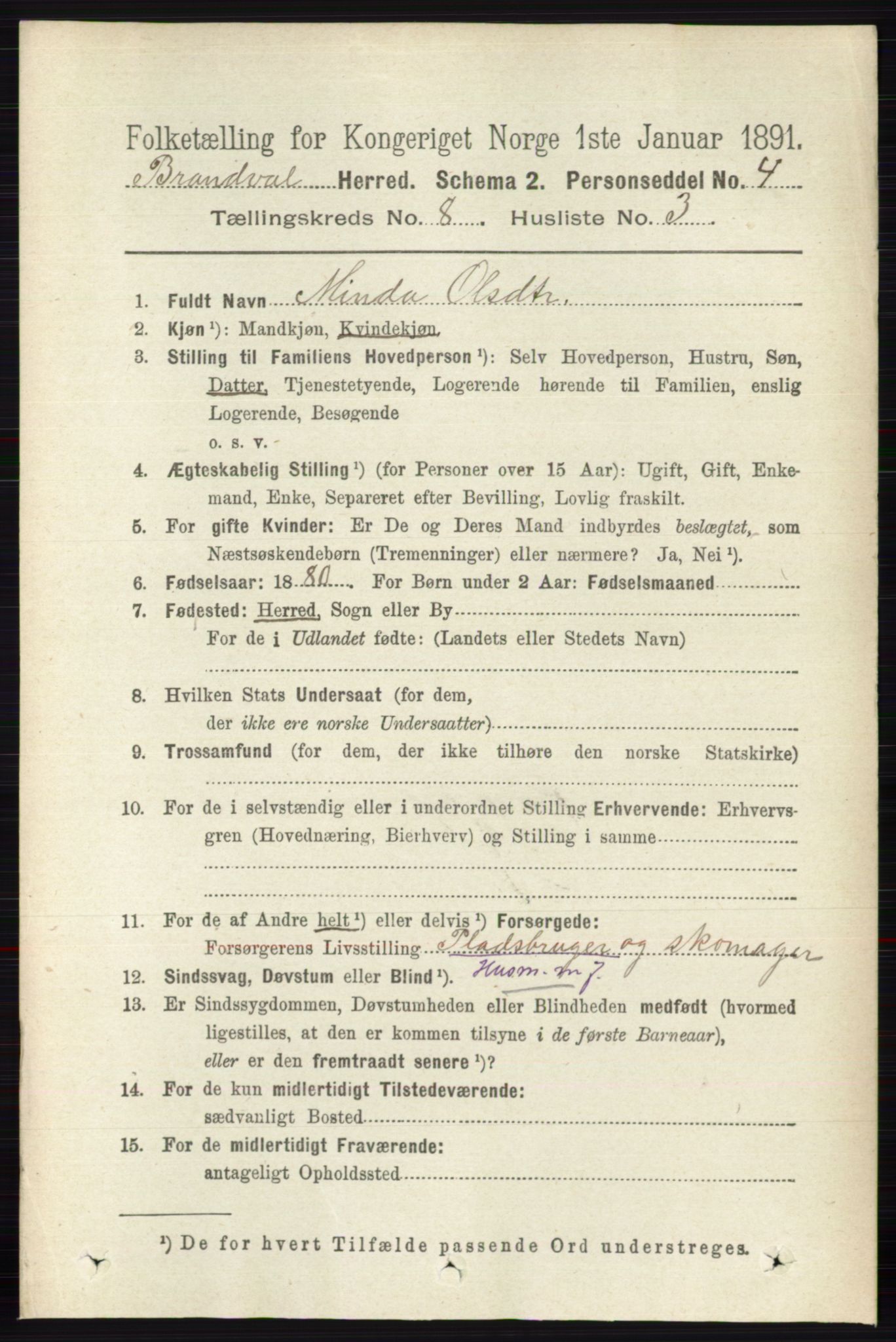 RA, 1891 census for 0422 Brandval, 1891, p. 3846