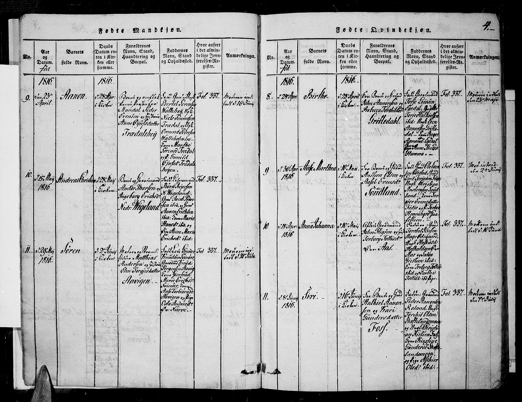 Sør-Audnedal sokneprestkontor, AV/SAK-1111-0039/F/Fa/Fab/L0005: Parish register (official) no. A 5, 1816-1830, p. 4