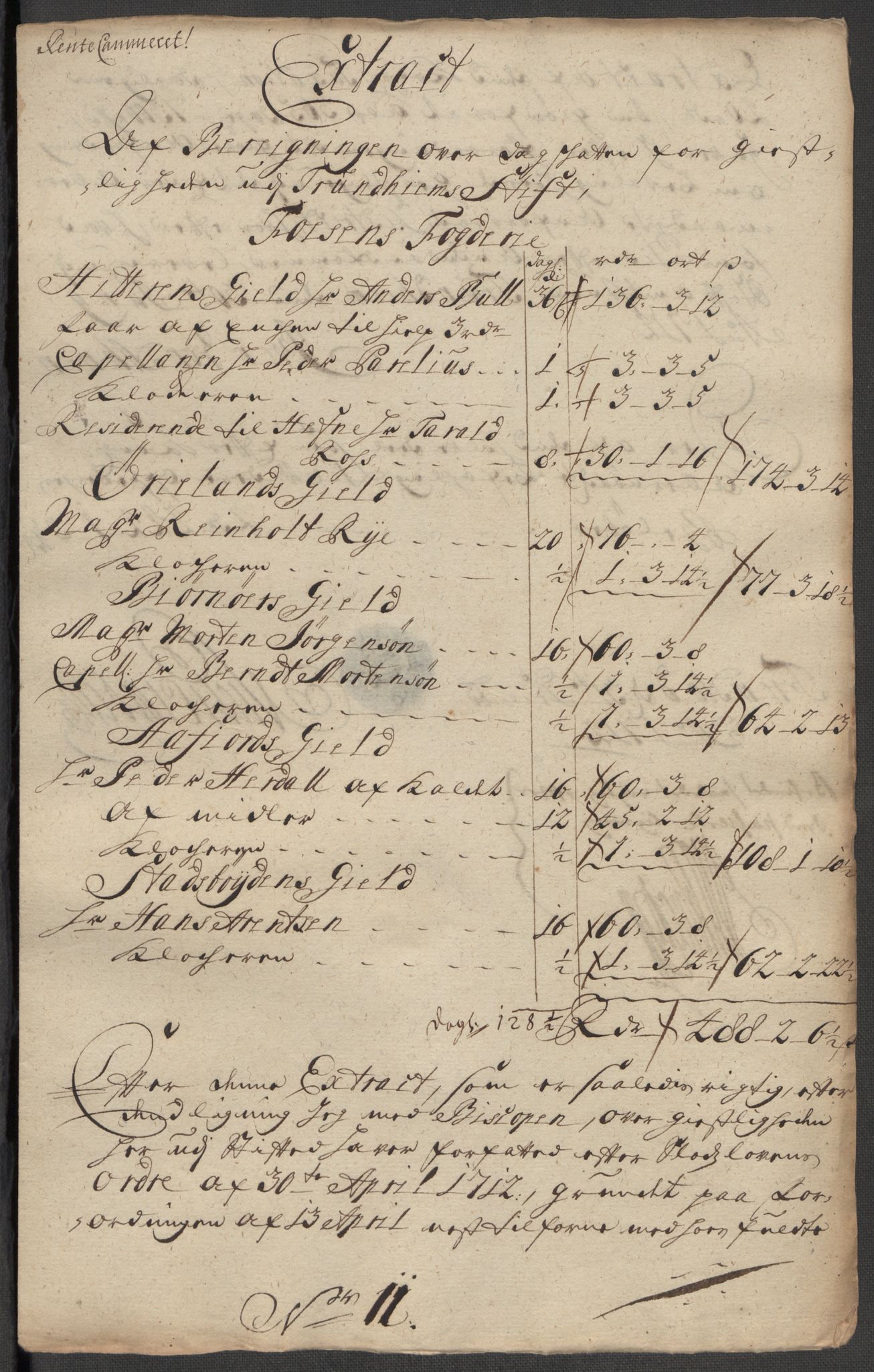 Rentekammeret inntil 1814, Reviderte regnskaper, Fogderegnskap, AV/RA-EA-4092/R57/L3861: Fogderegnskap Fosen, 1712-1713, p. 134