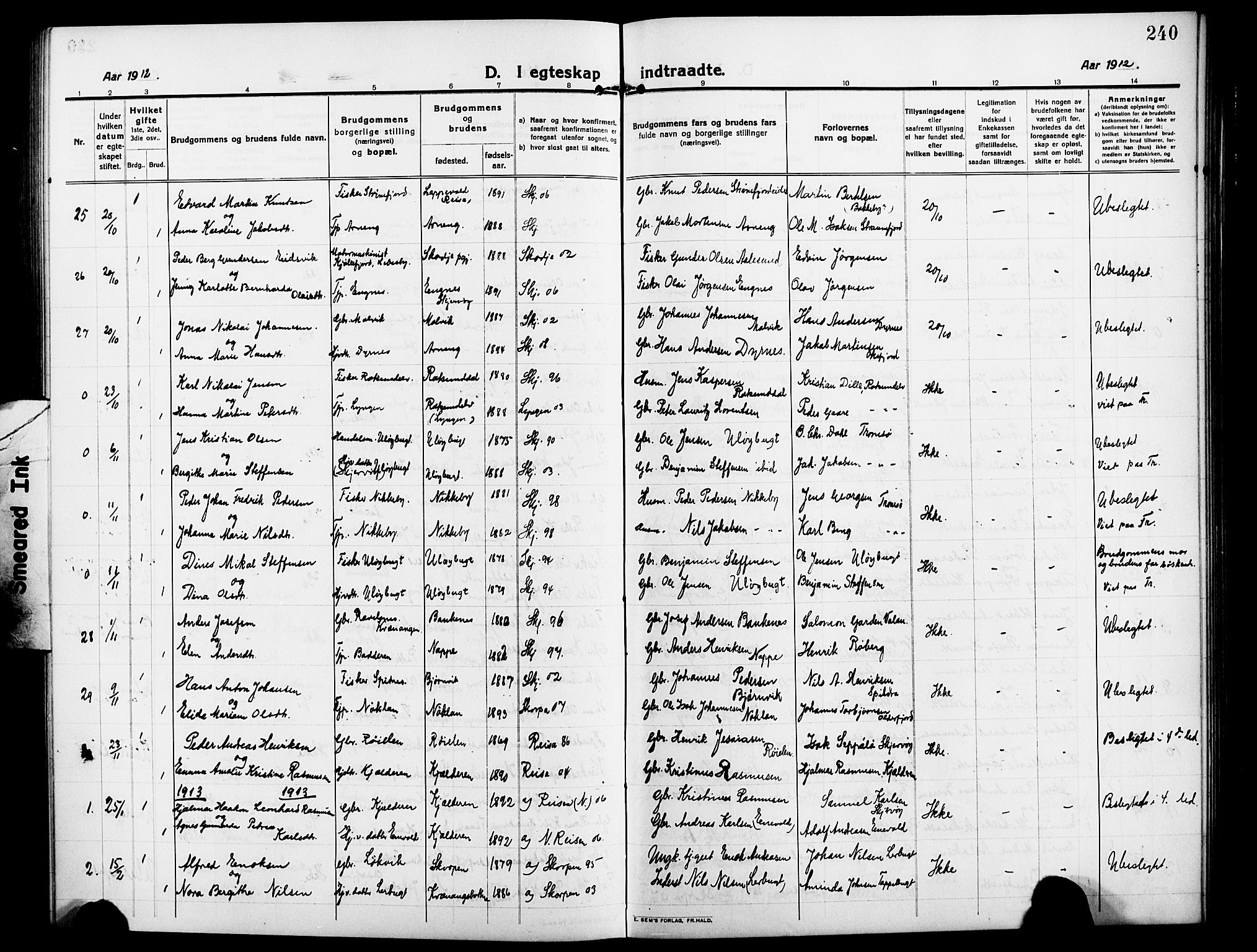 Skjervøy sokneprestkontor, SATØ/S-1300/H/Ha/Hab/L0009klokker: Parish register (copy) no. 9, 1911-1926, p. 240