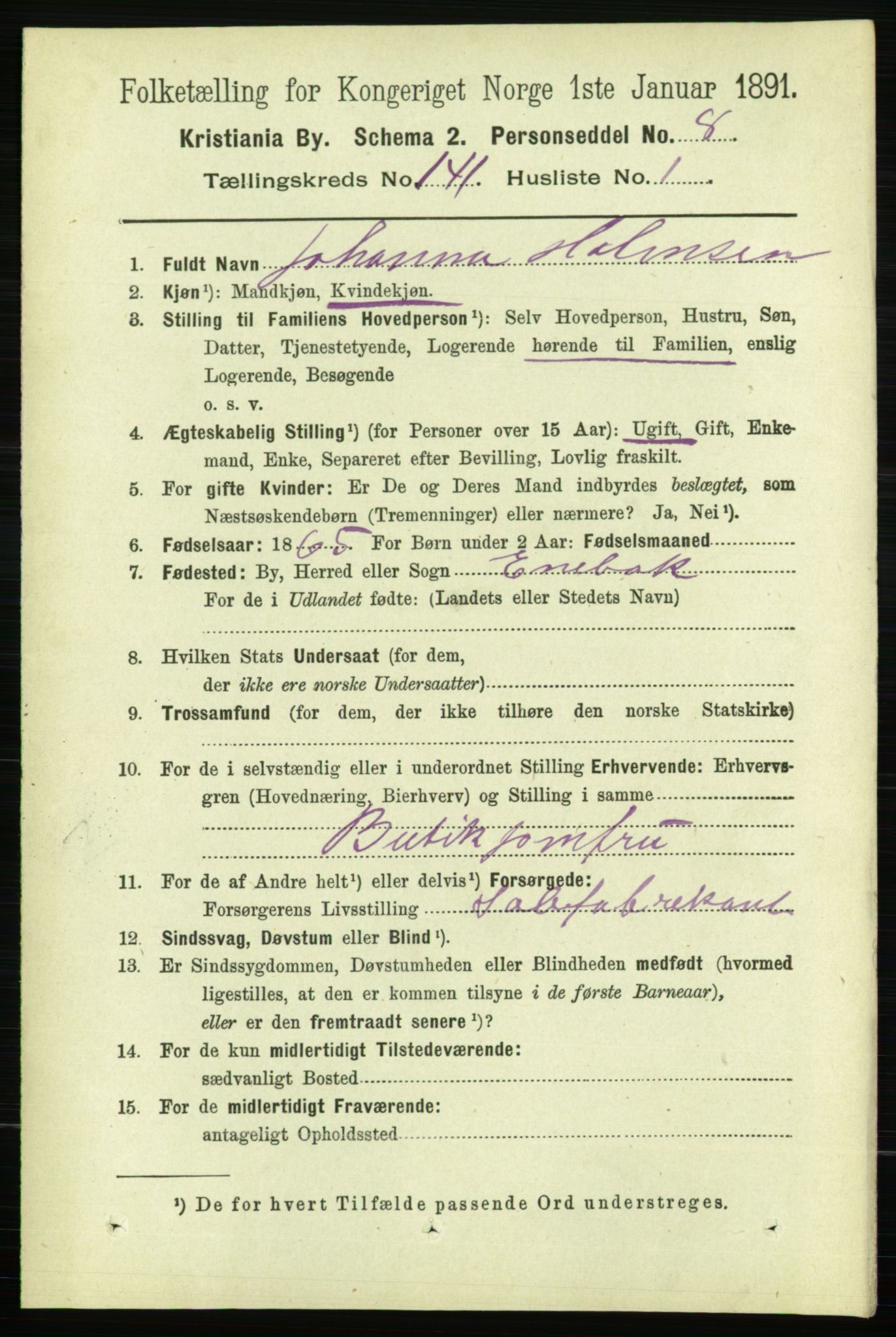 RA, 1891 census for 0301 Kristiania, 1891, p. 77975