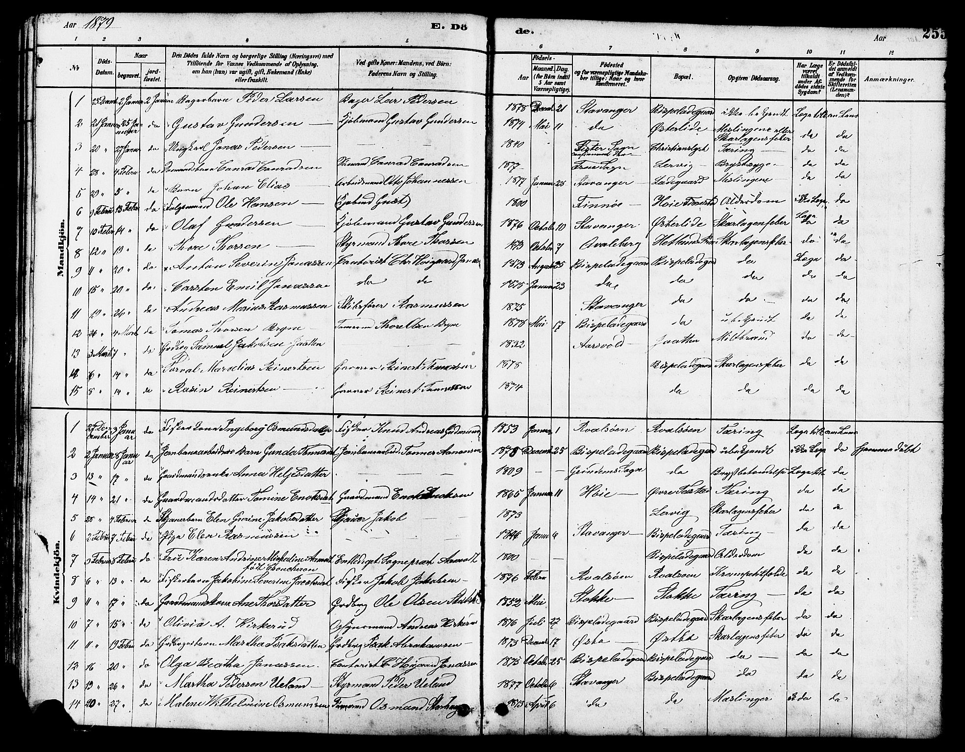 Hetland sokneprestkontor, SAST/A-101826/30/30BB/L0005: Parish register (copy) no. B 5, 1878-1910, p. 255