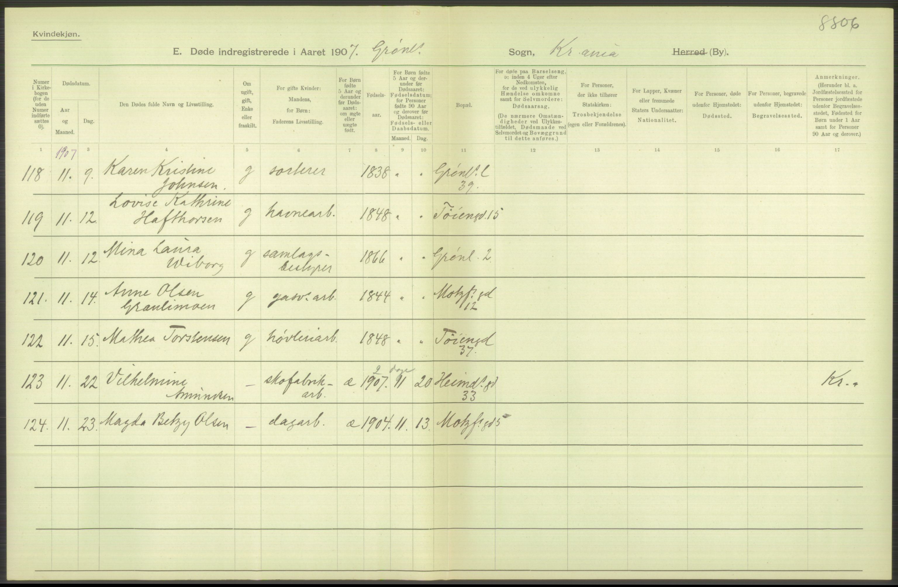 Statistisk sentralbyrå, Sosiodemografiske emner, Befolkning, RA/S-2228/D/Df/Dfa/Dfae/L0009: Kristiania: Døde, 1907, p. 430