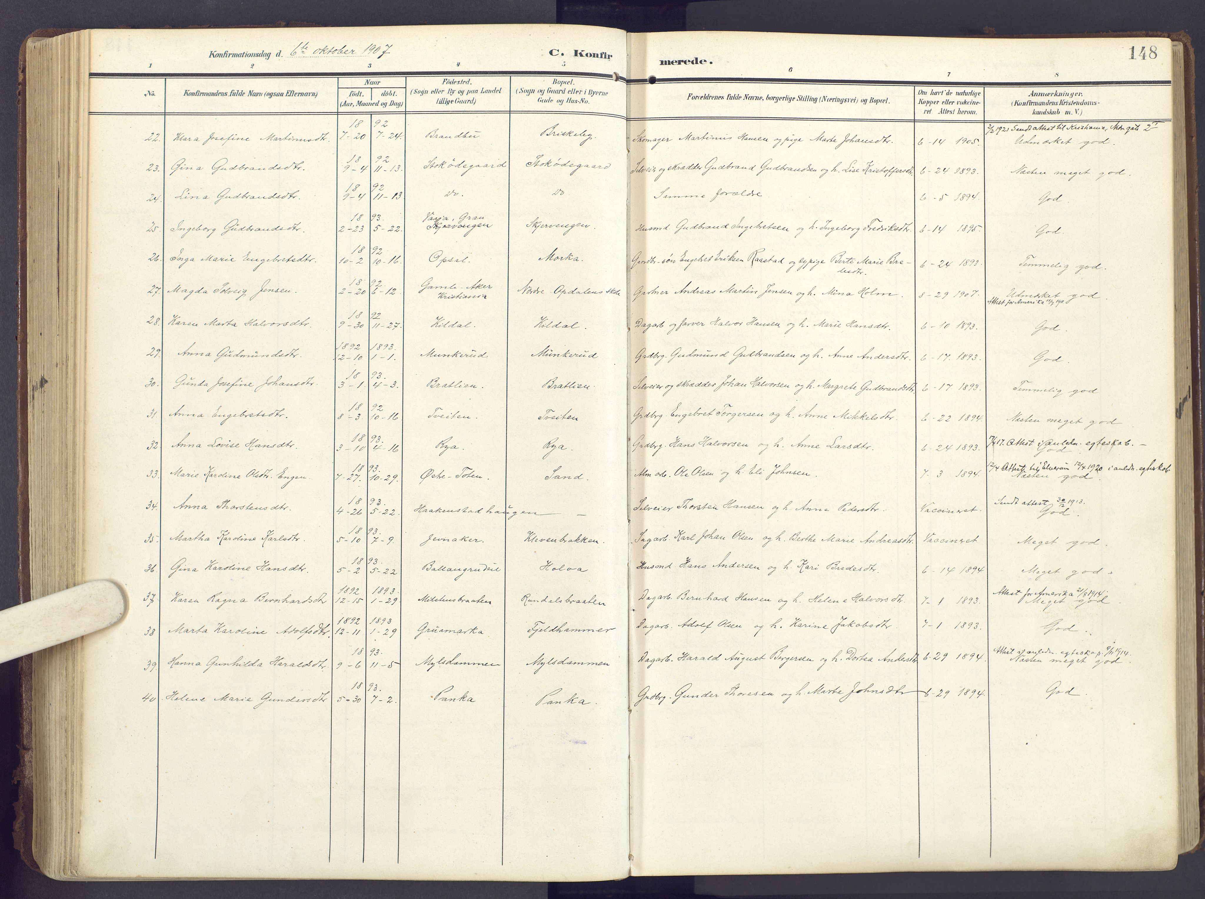 Lunner prestekontor, SAH/PREST-118/H/Ha/Haa/L0001: Parish register (official) no. 1, 1907-1922, p. 148