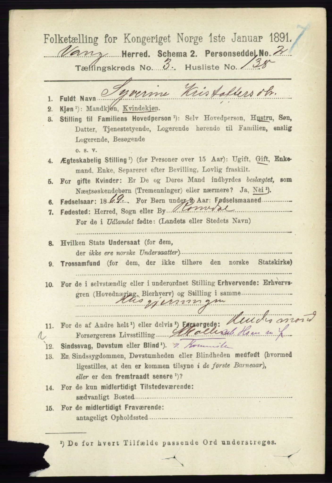 RA, 1891 census for 0414 Vang, 1891, p. 2625