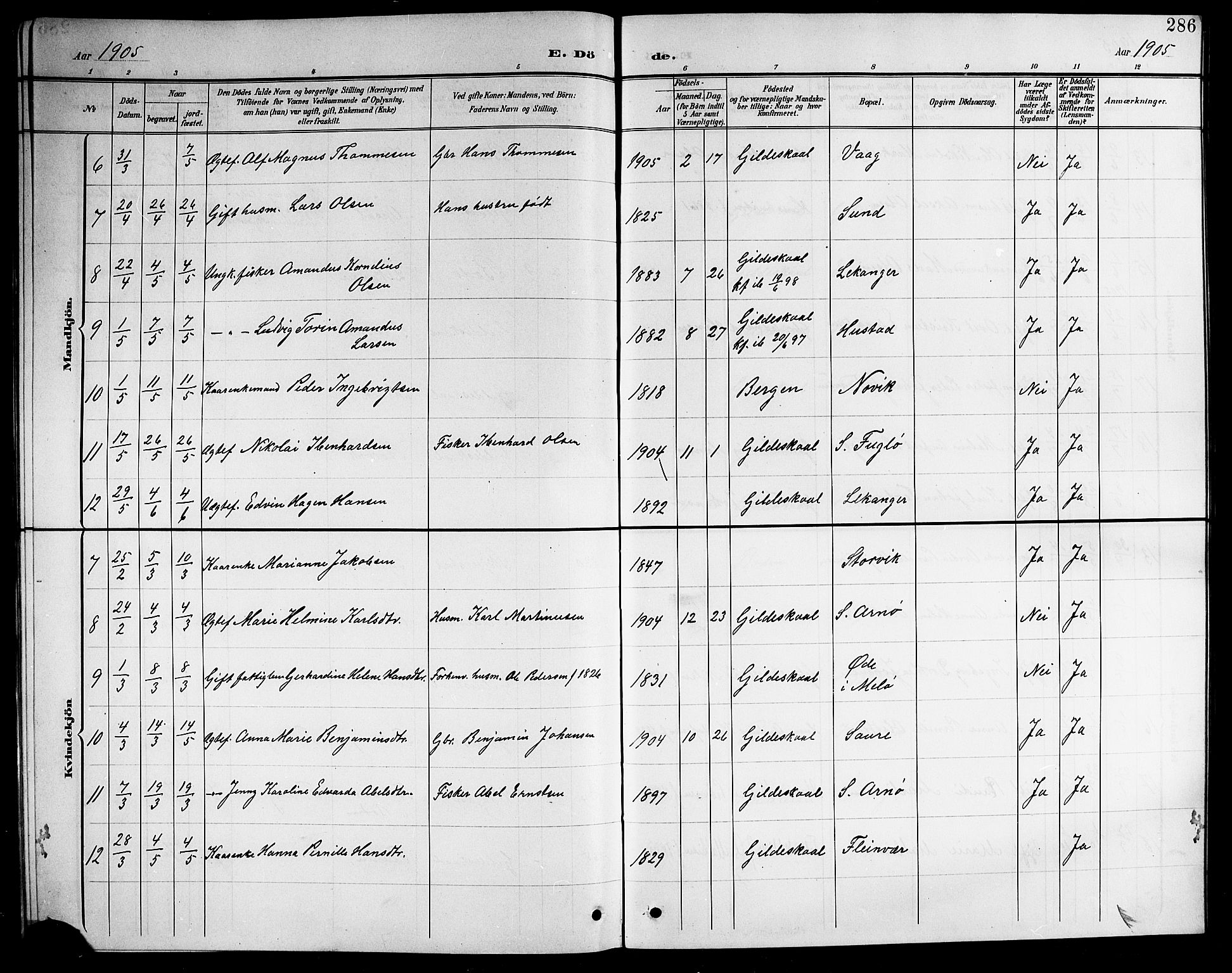 Ministerialprotokoller, klokkerbøker og fødselsregistre - Nordland, AV/SAT-A-1459/805/L0109: Parish register (copy) no. 805C05, 1900-1911, p. 286