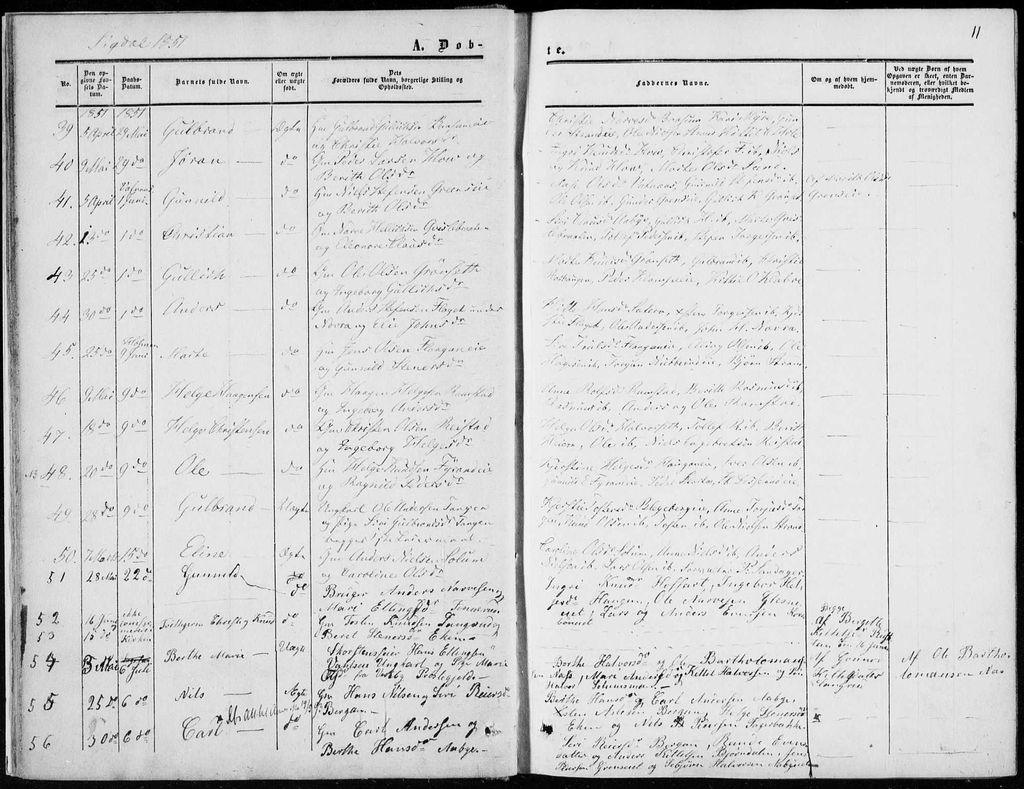 Sigdal kirkebøker, AV/SAKO-A-245/F/Fa/L0008: Parish register (official) no. I 8, 1850-1859, p. 11