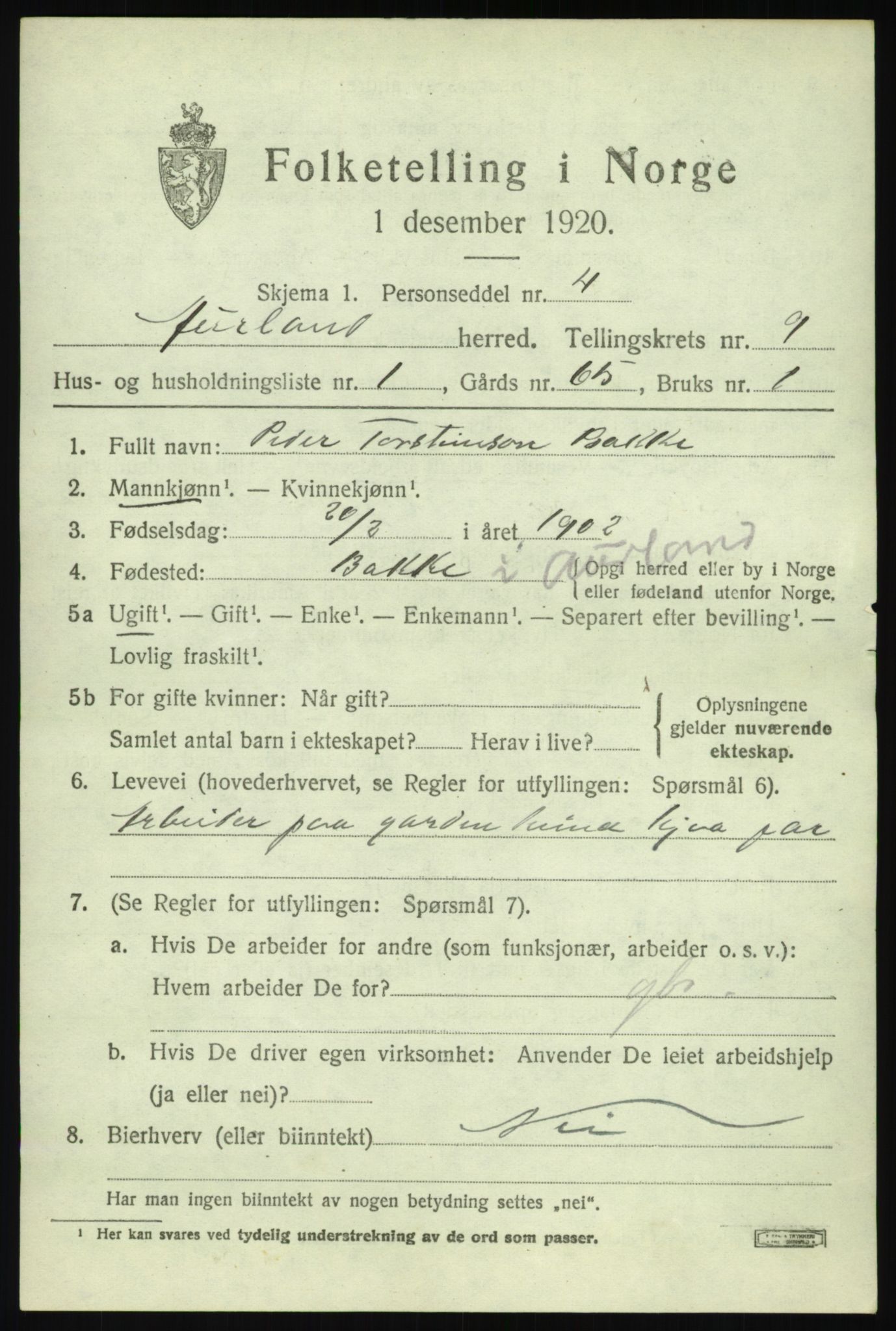 SAB, 1920 census for Aurland, 1920, p. 4750