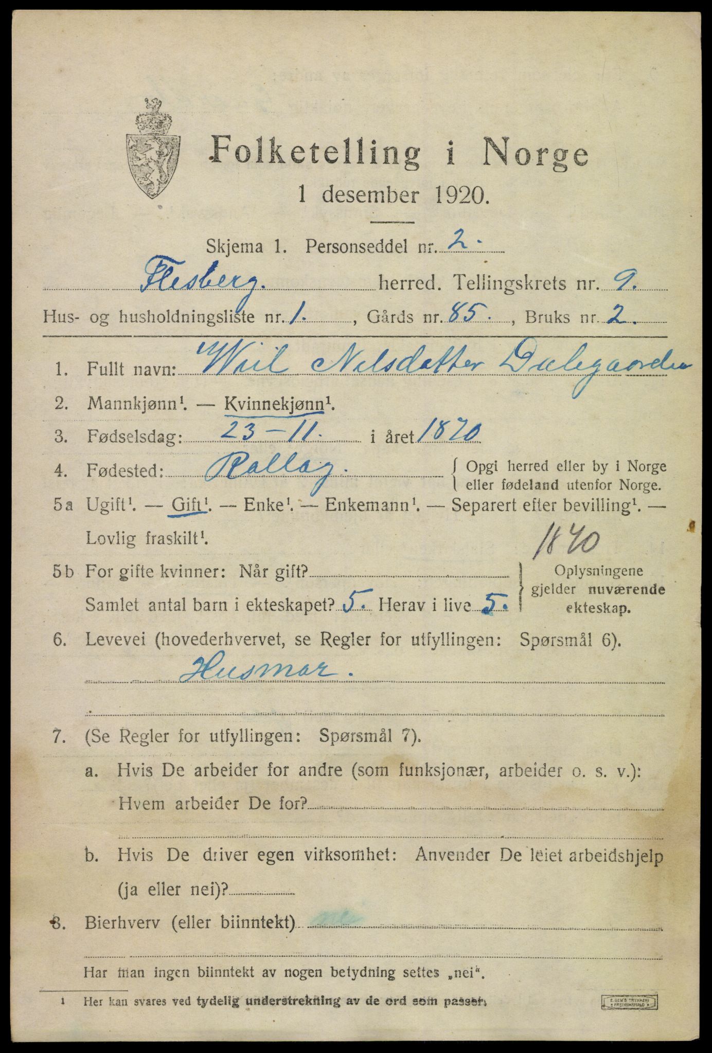 SAKO, 1920 census for Flesberg, 1920, p. 3525