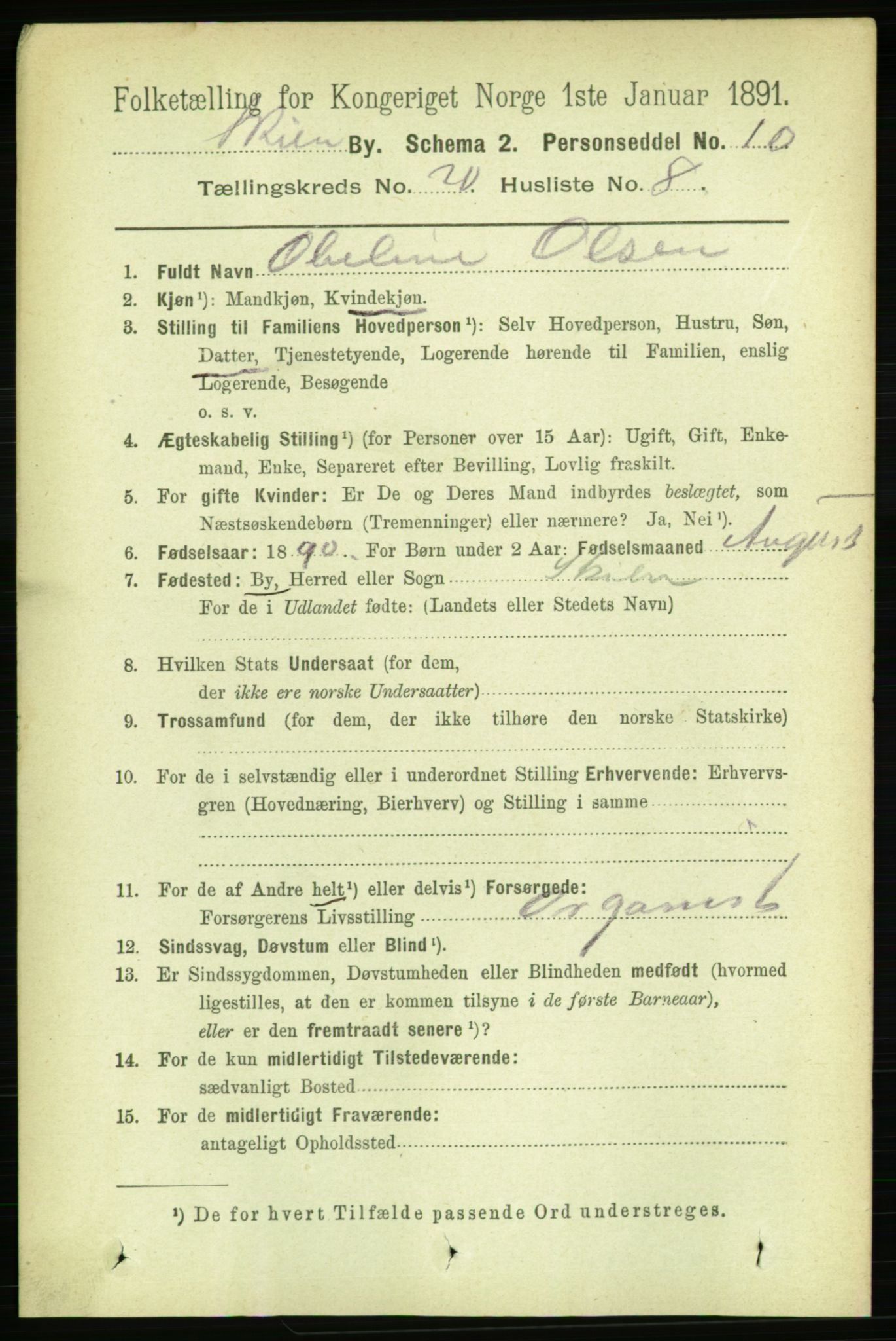 RA, 1891 census for 0806 Skien, 1891, p. 5186