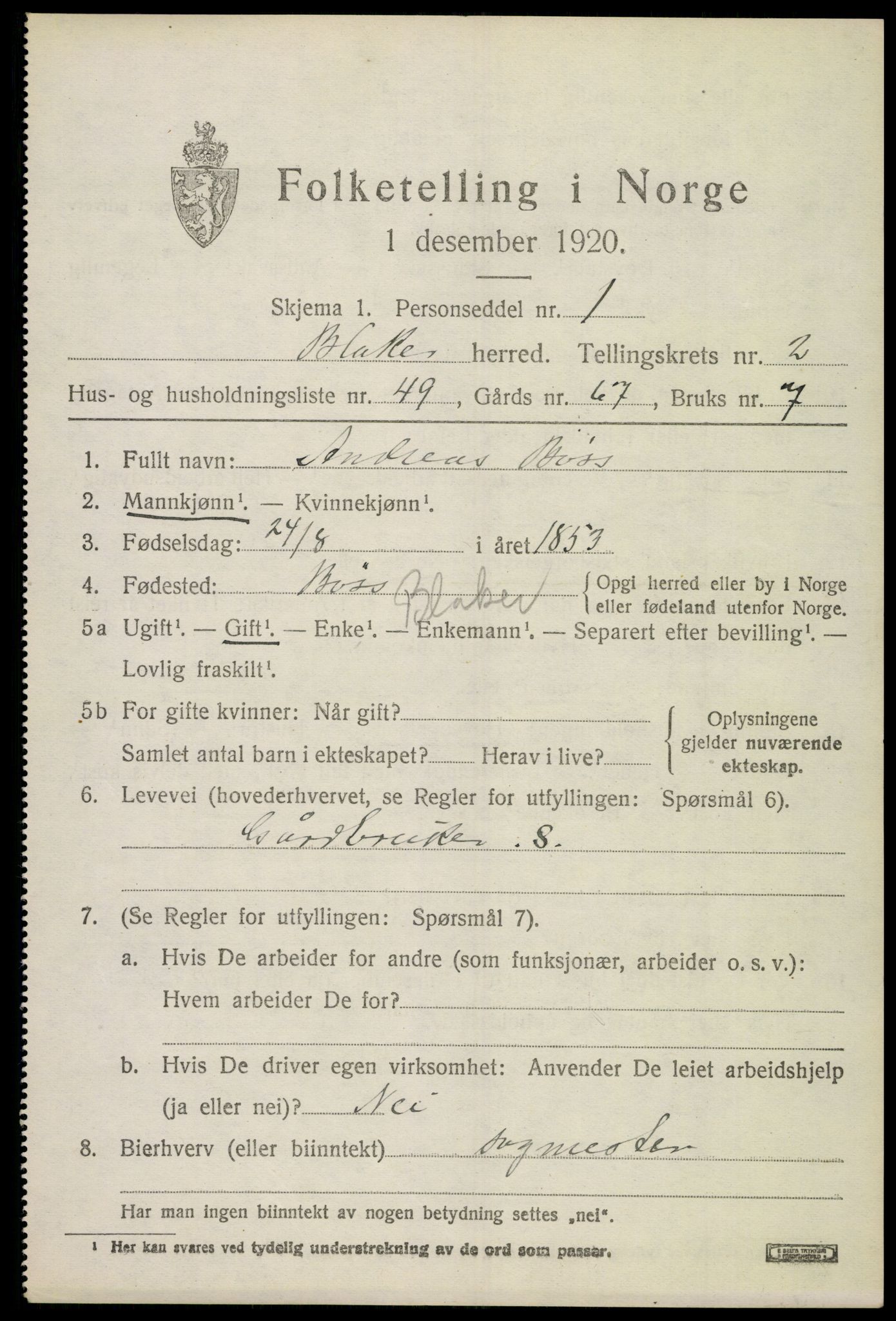 SAO, 1920 census for Blaker, 1920, p. 1991