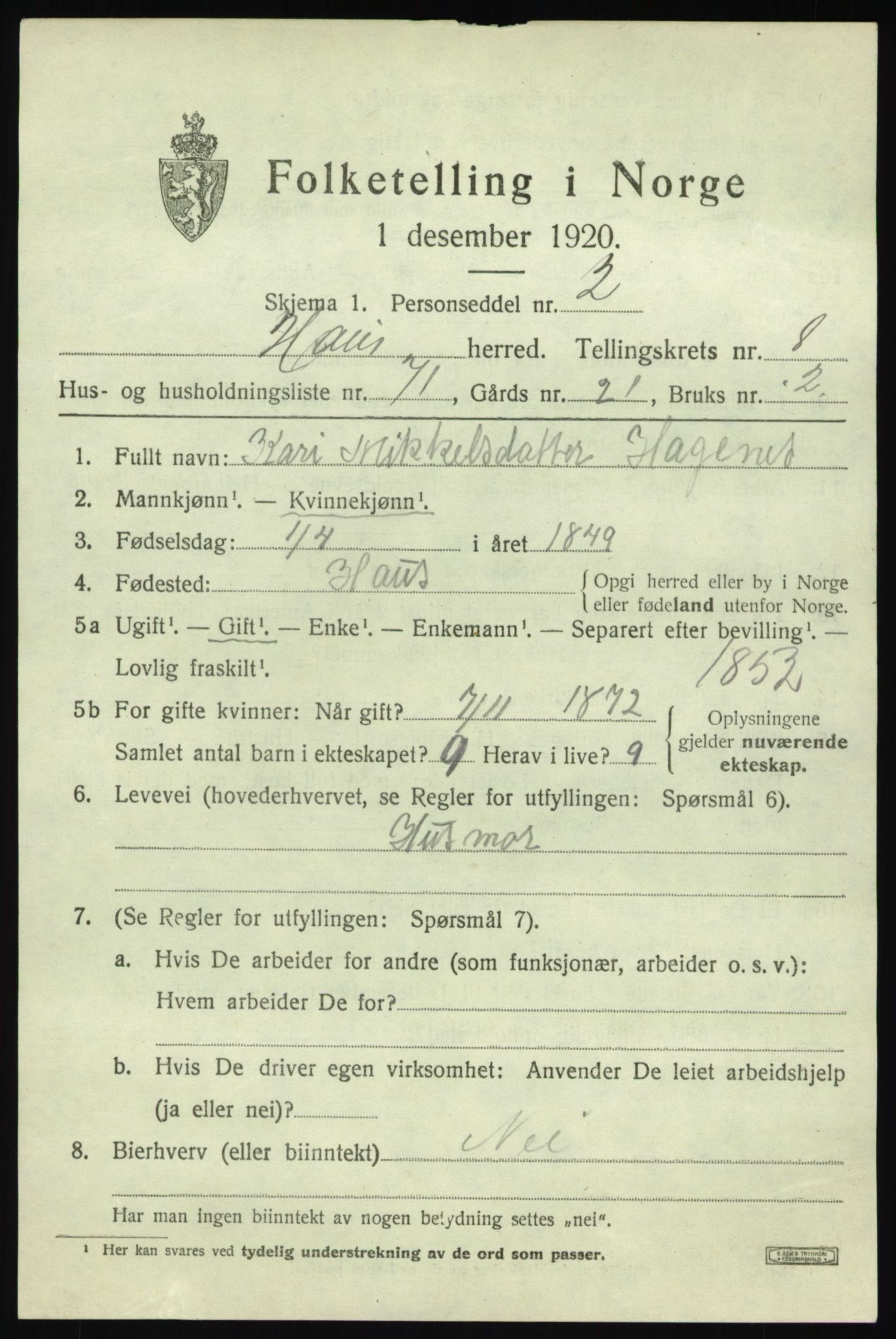 SAB, 1920 census for Haus, 1920, p. 5457