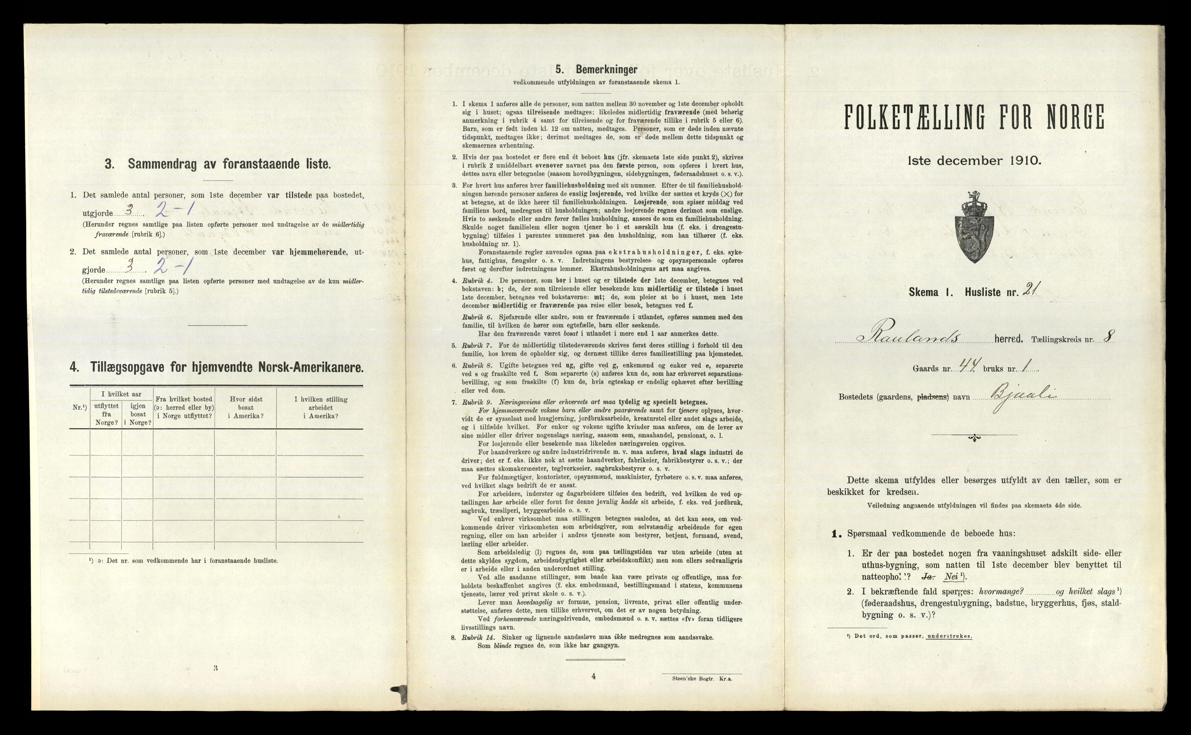 RA, 1910 census for Rauland, 1910, p. 309