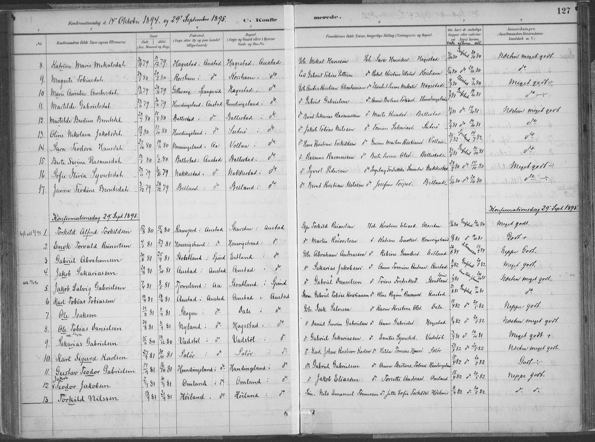 Lyngdal sokneprestkontor, AV/SAK-1111-0029/F/Fa/Faa/L0004: Parish register (official) no. A 4, 1883-1904, p. 127