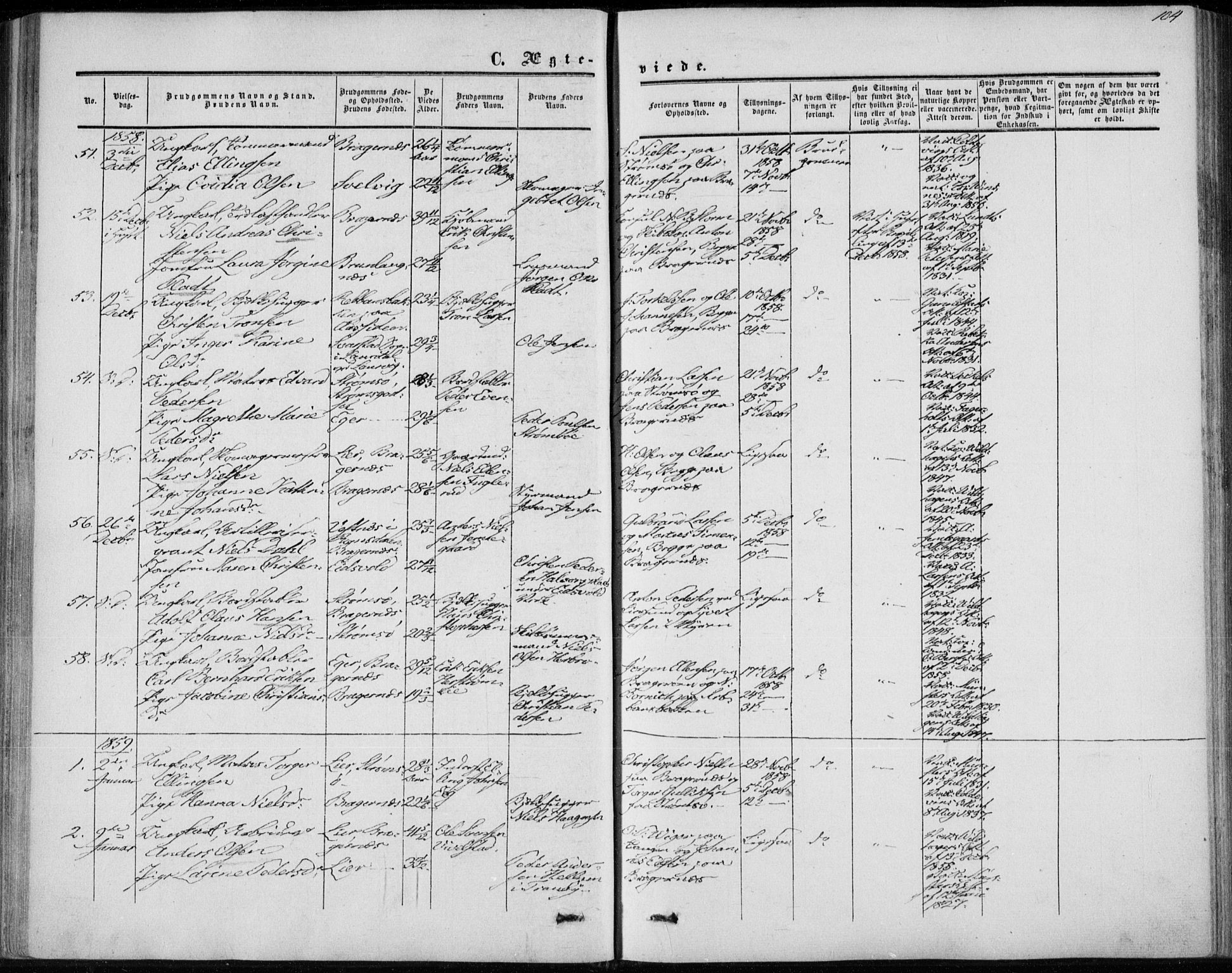 Bragernes kirkebøker, AV/SAKO-A-6/F/Fc/L0002: Parish register (official) no. III 2, 1854-1865, p. 104