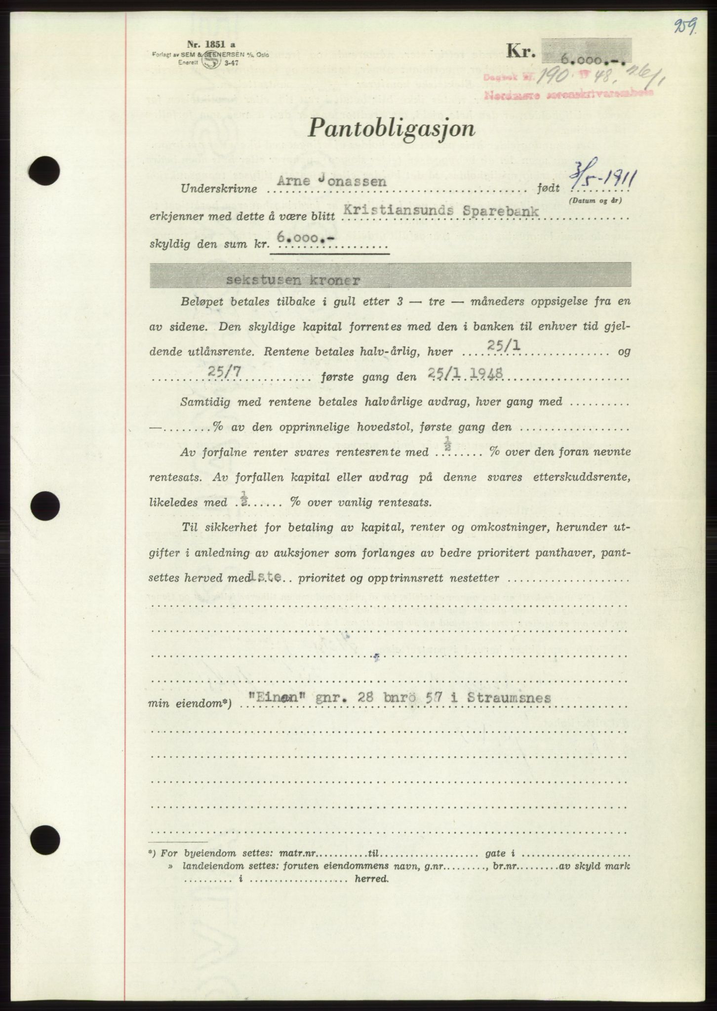 Nordmøre sorenskriveri, AV/SAT-A-4132/1/2/2Ca: Mortgage book no. B97, 1947-1948, Diary no: : 190/1948