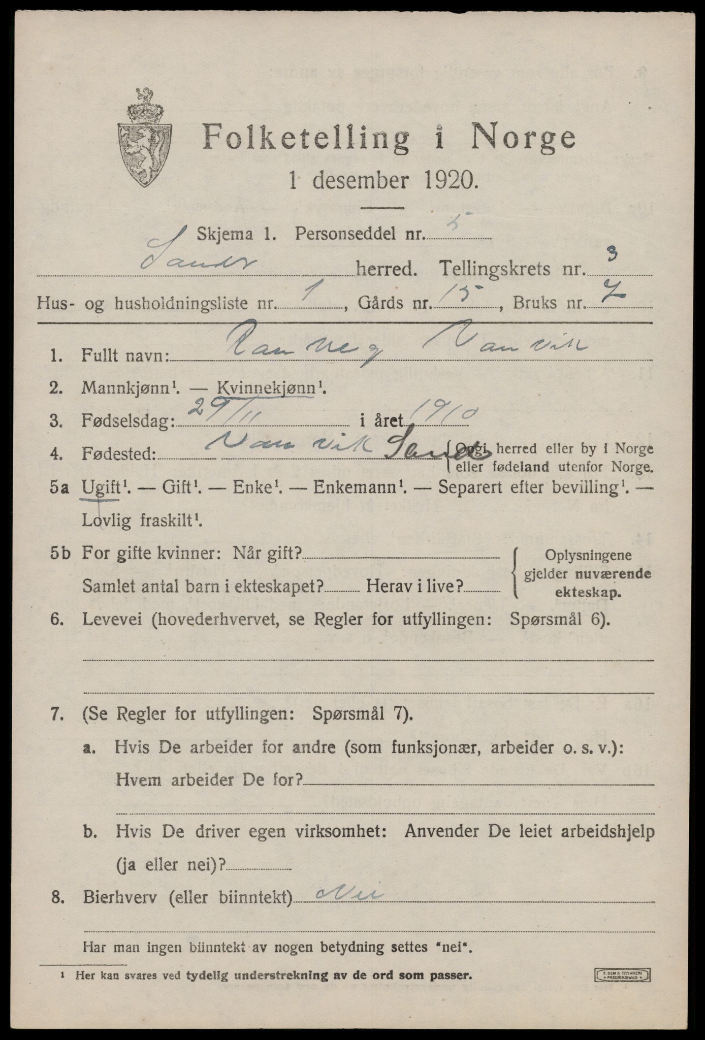 SAST, 1920 census for Sand, 1920, p. 1063