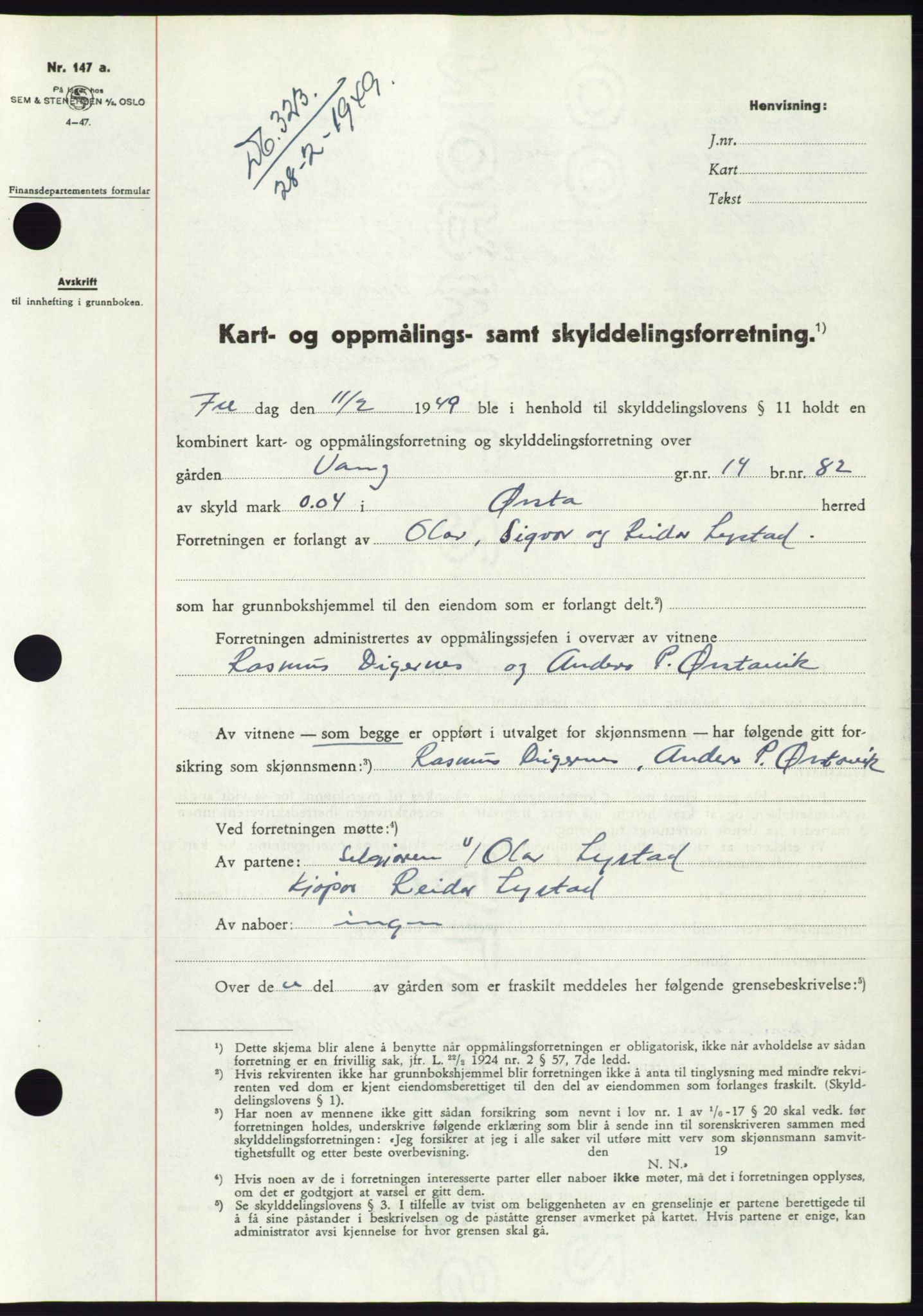 Søre Sunnmøre sorenskriveri, AV/SAT-A-4122/1/2/2C/L0084: Mortgage book no. 10A, 1949-1949, Diary no: : 323/1949