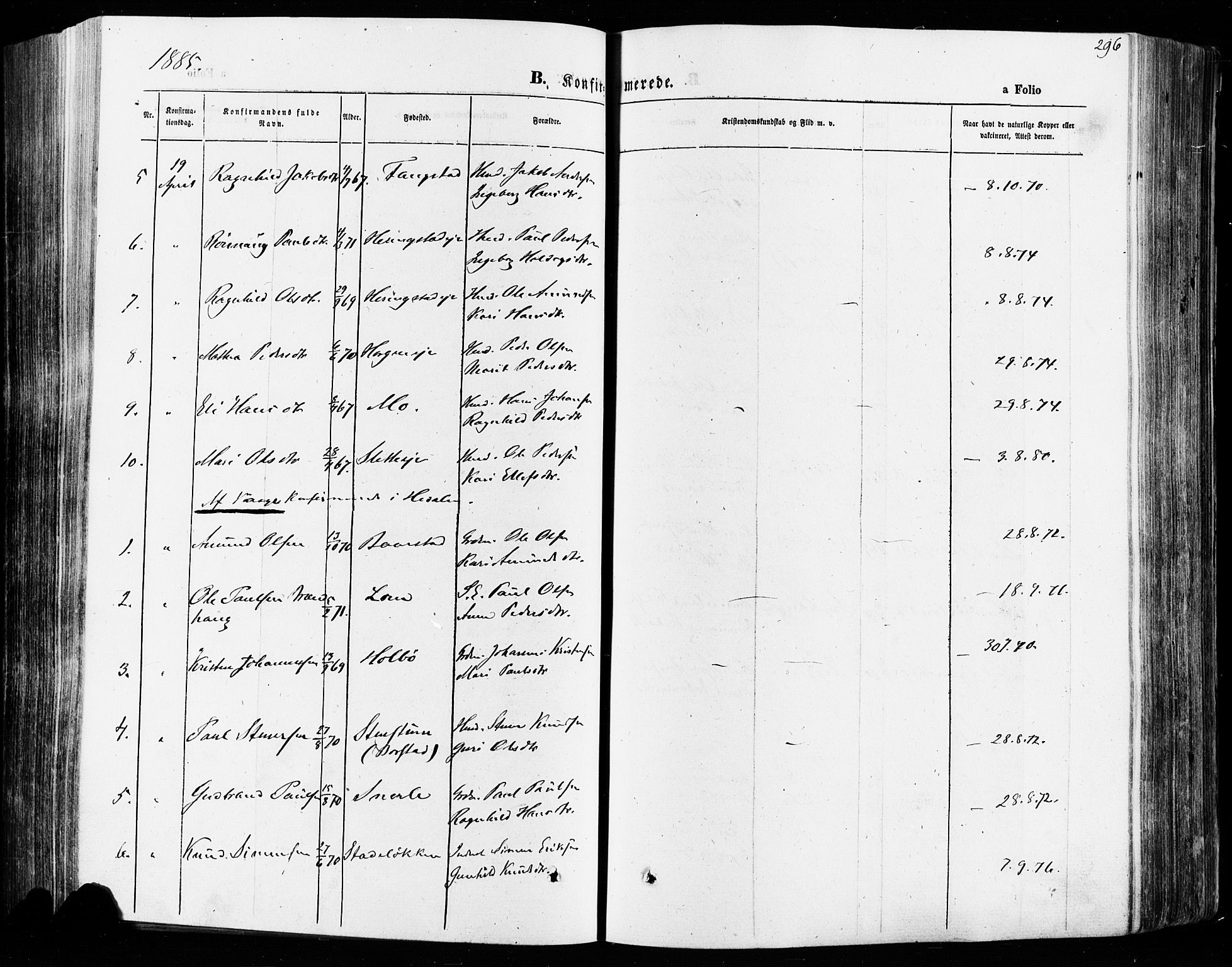 Vågå prestekontor, AV/SAH-PREST-076/H/Ha/Haa/L0007: Parish register (official) no. 7 /1, 1872-1886, p. 296