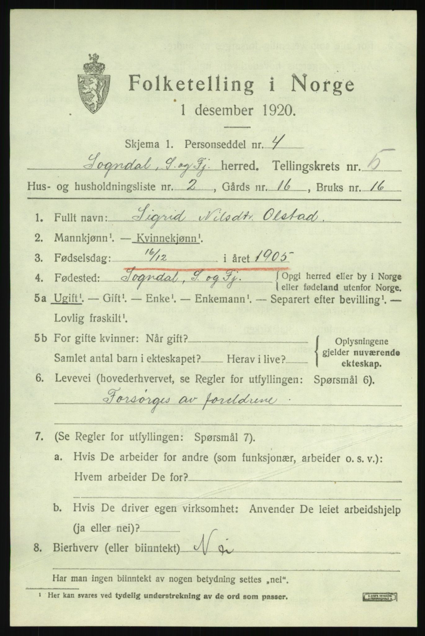 SAB, 1920 census for Sogndal, 1920, p. 2653