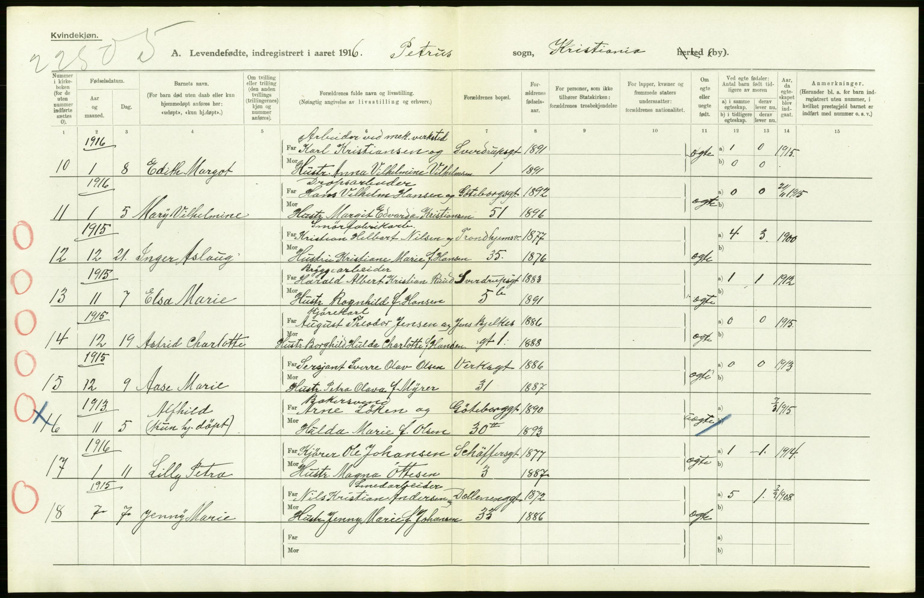 Statistisk sentralbyrå, Sosiodemografiske emner, Befolkning, AV/RA-S-2228/D/Df/Dfb/Dfbf/L0006: Kristiania: Levendefødte menn og kvinner., 1916, p. 598