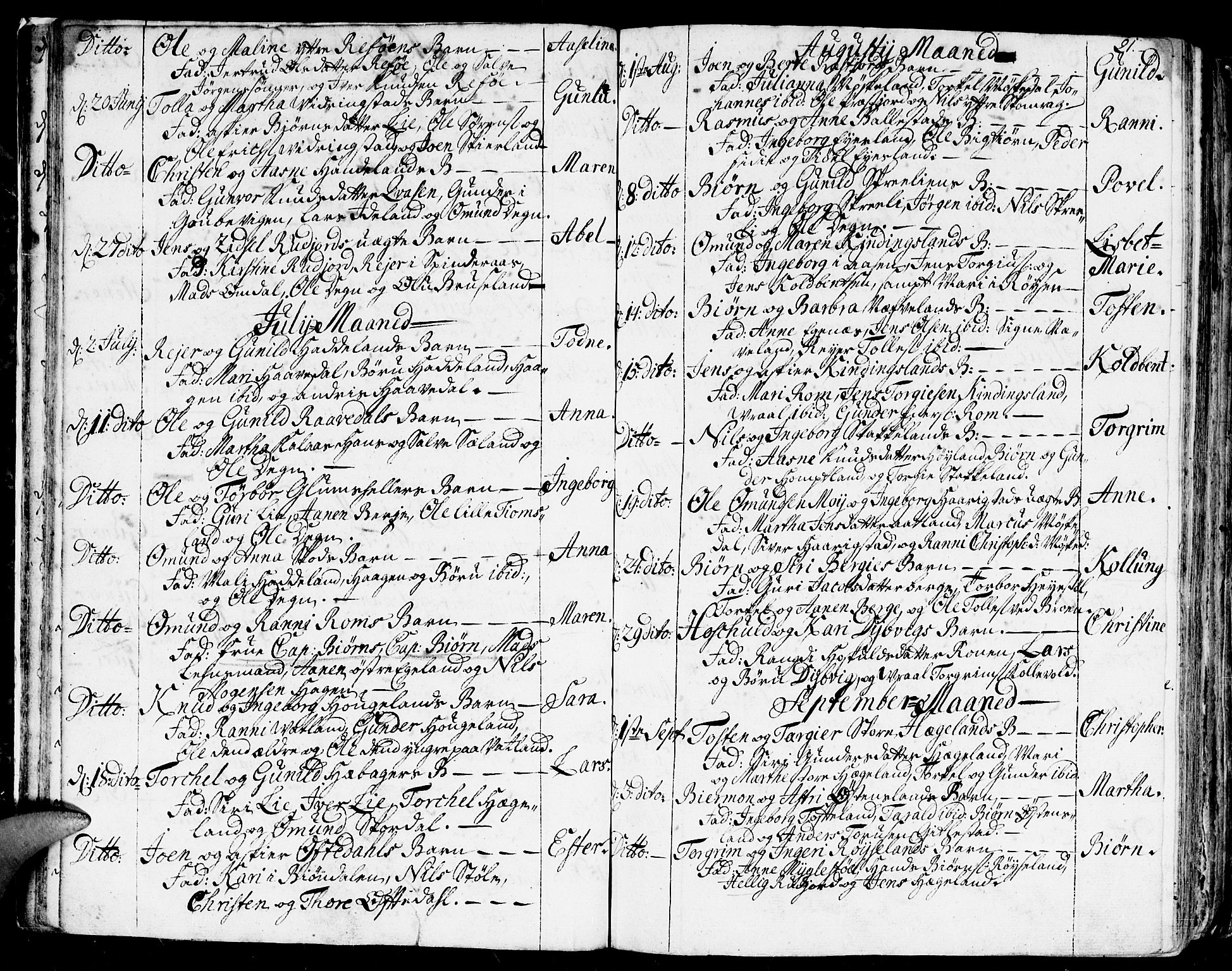 Lyngdal sokneprestkontor, AV/SAK-1111-0029/F/Fa/Fac/L0001: Parish register (official) no. A 1, 1727-1779, p. 21