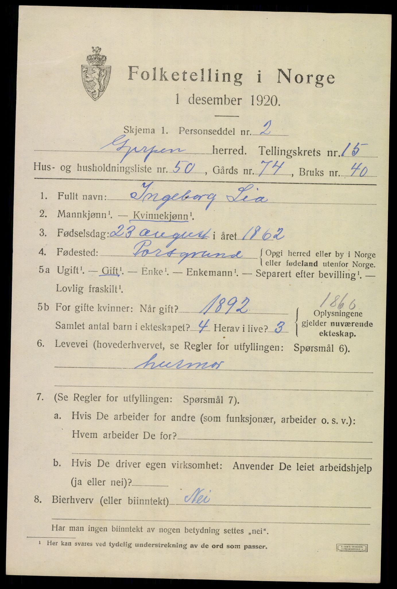 SAKO, 1920 census for Gjerpen, 1920, p. 17854