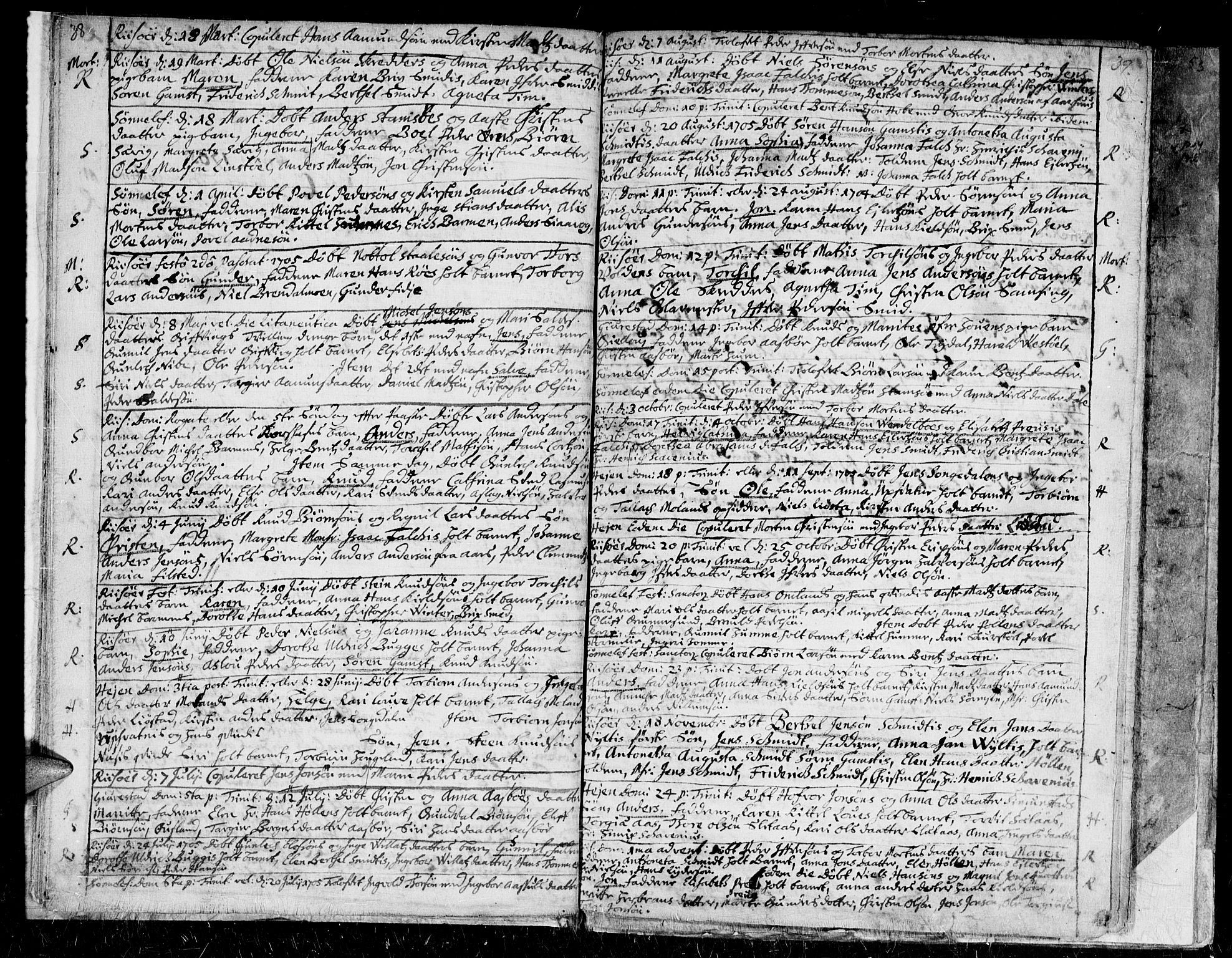 Gjerstad sokneprestkontor, AV/SAK-1111-0014/F/Fa/Faa/L0001: Parish register (official) no. A 1, 1695-1717, p. 38-39