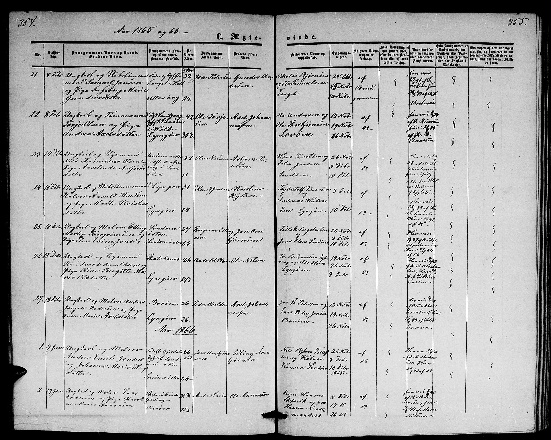 Dypvåg sokneprestkontor, AV/SAK-1111-0007/F/Fb/Fba/L0011: Parish register (copy) no. B 11, 1857-1872, p. 354-355