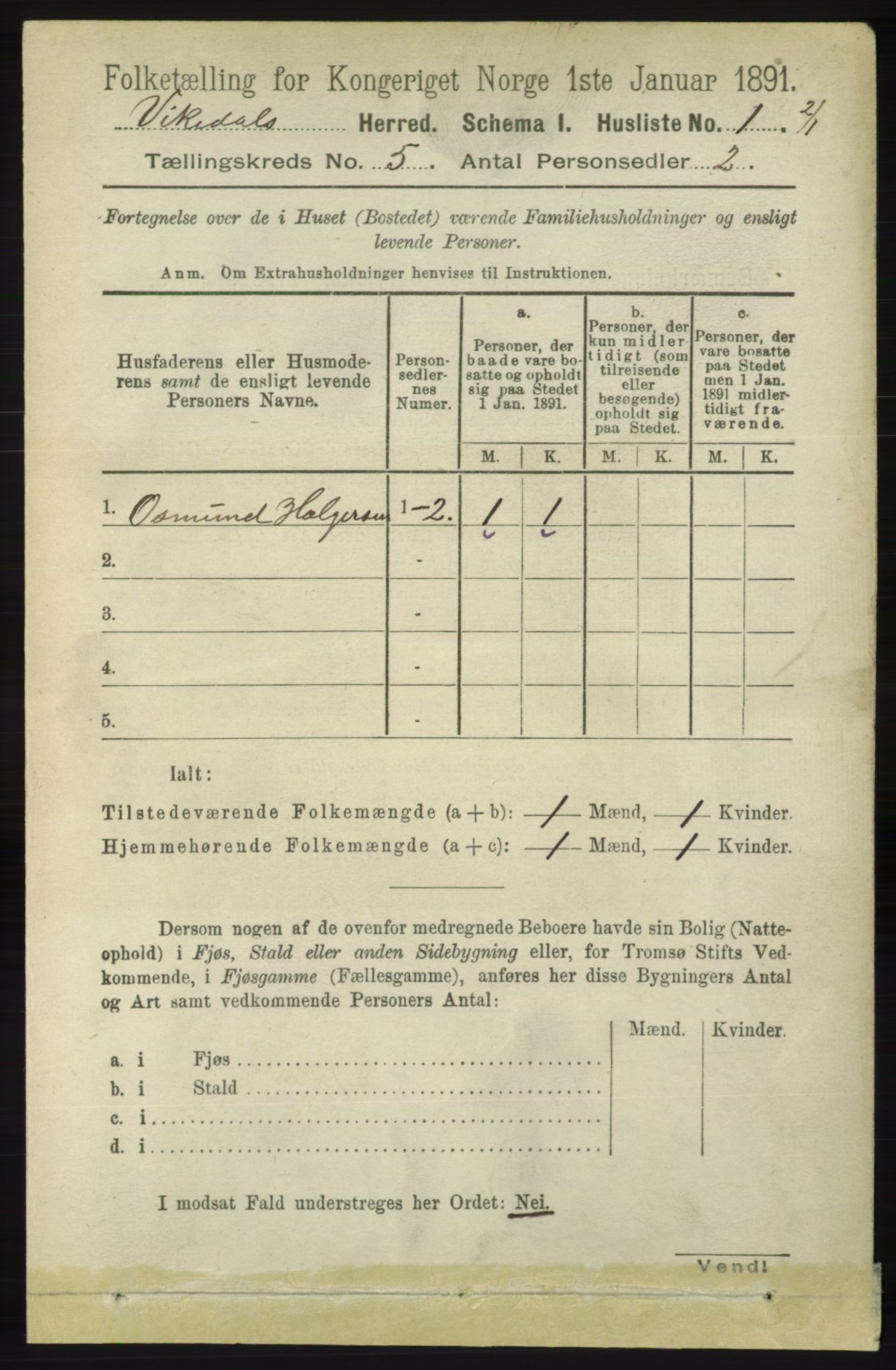 RA, 1891 census for 1157 Vikedal, 1891, p. 1084