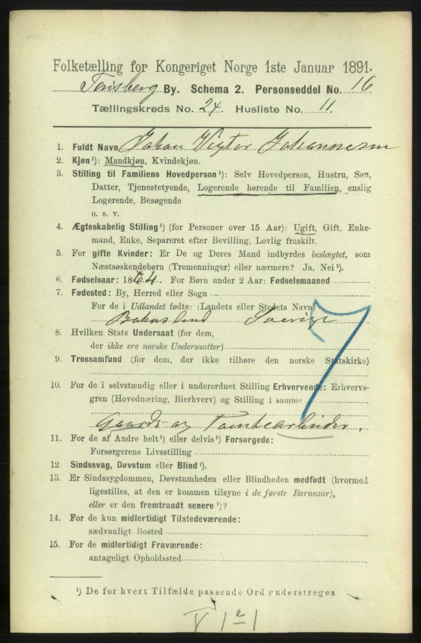 RA, 1891 census for 0705 Tønsberg, 1891, p. 6458