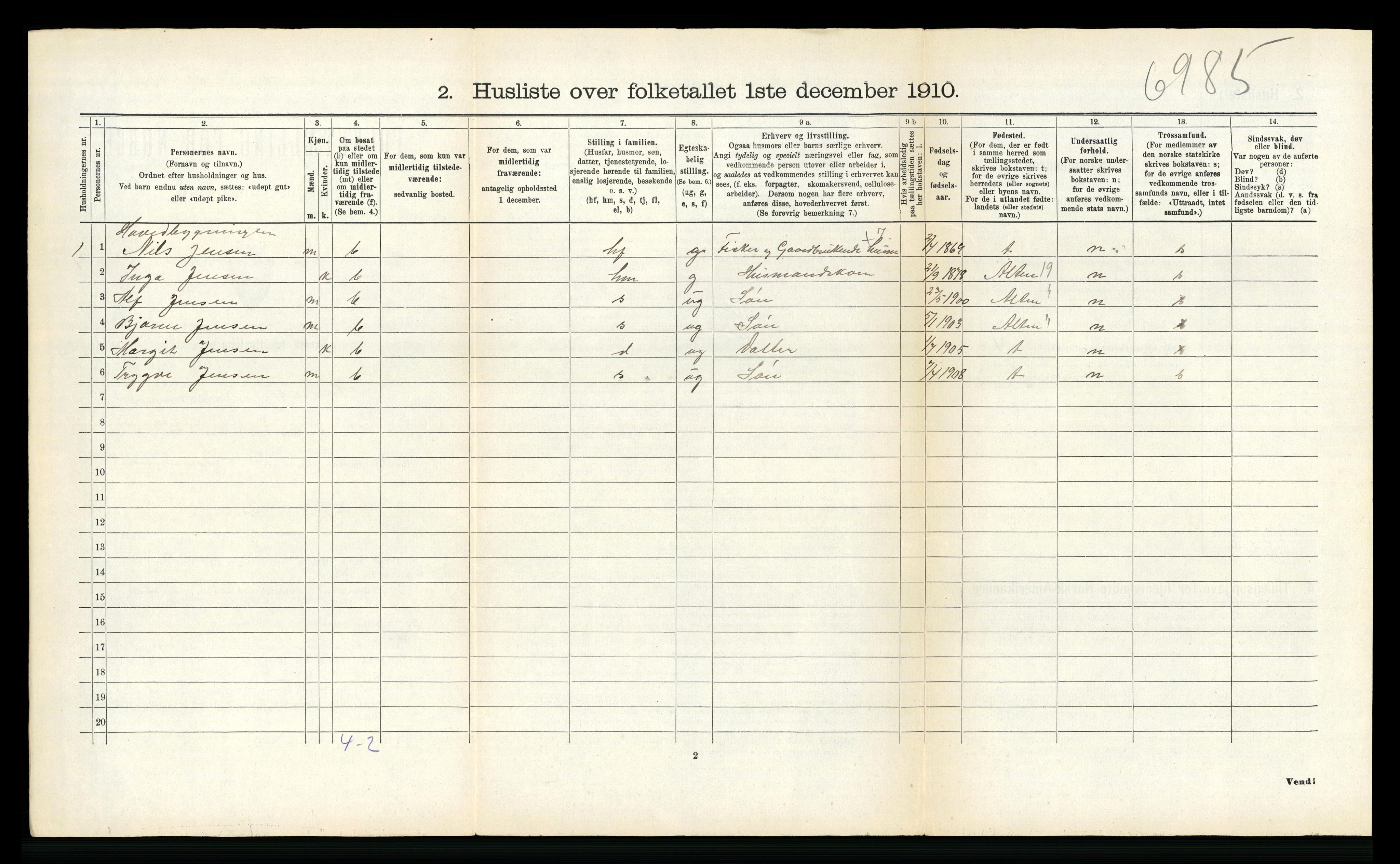 RA, 1910 census for Hadsel, 1910, p. 876