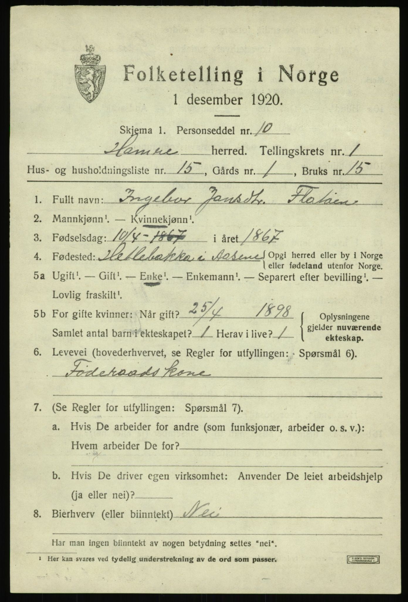 SAB, 1920 census for Hamre, 1920, p. 1177