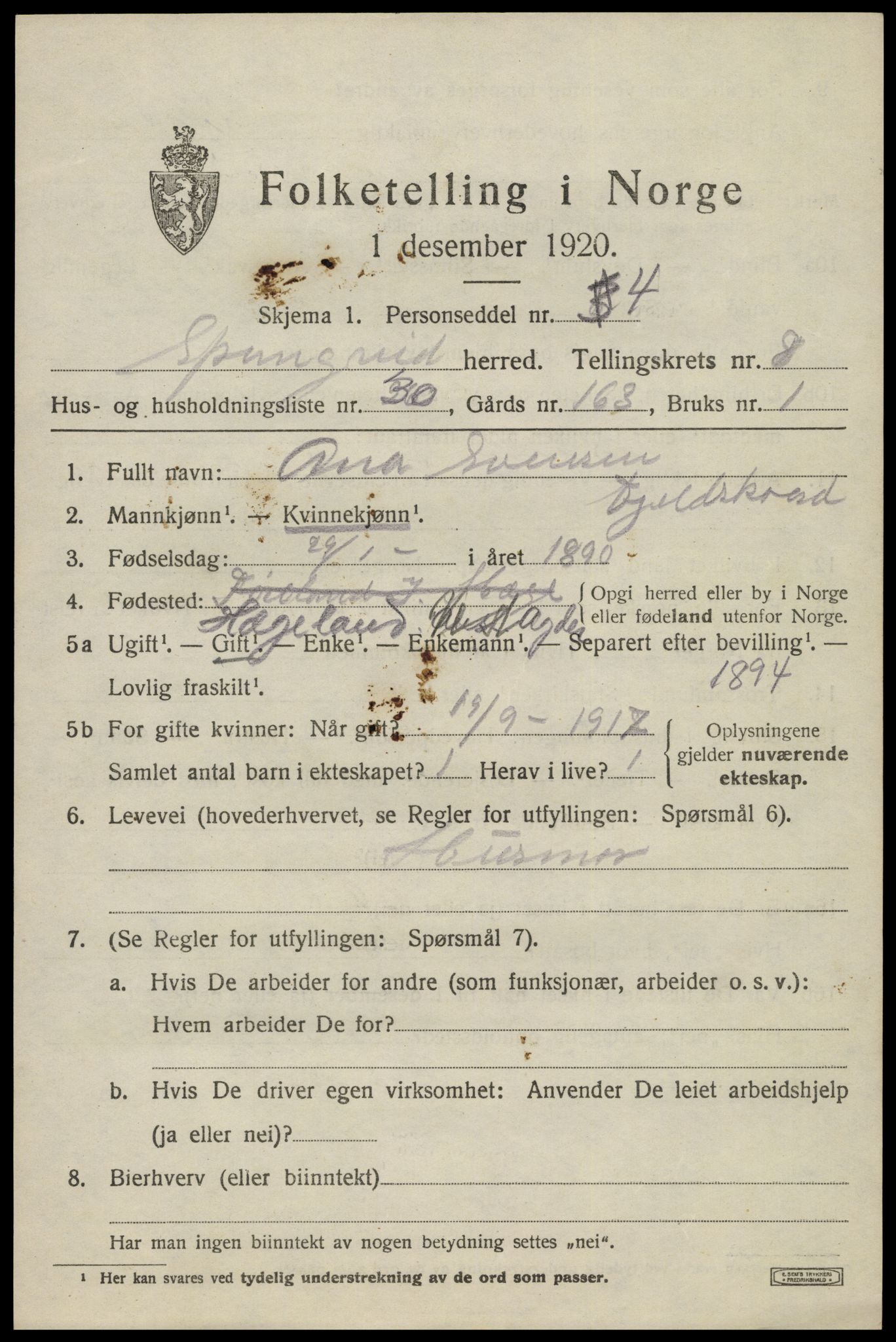 SAK, 1920 census for Spangereid, 1920, p. 3151
