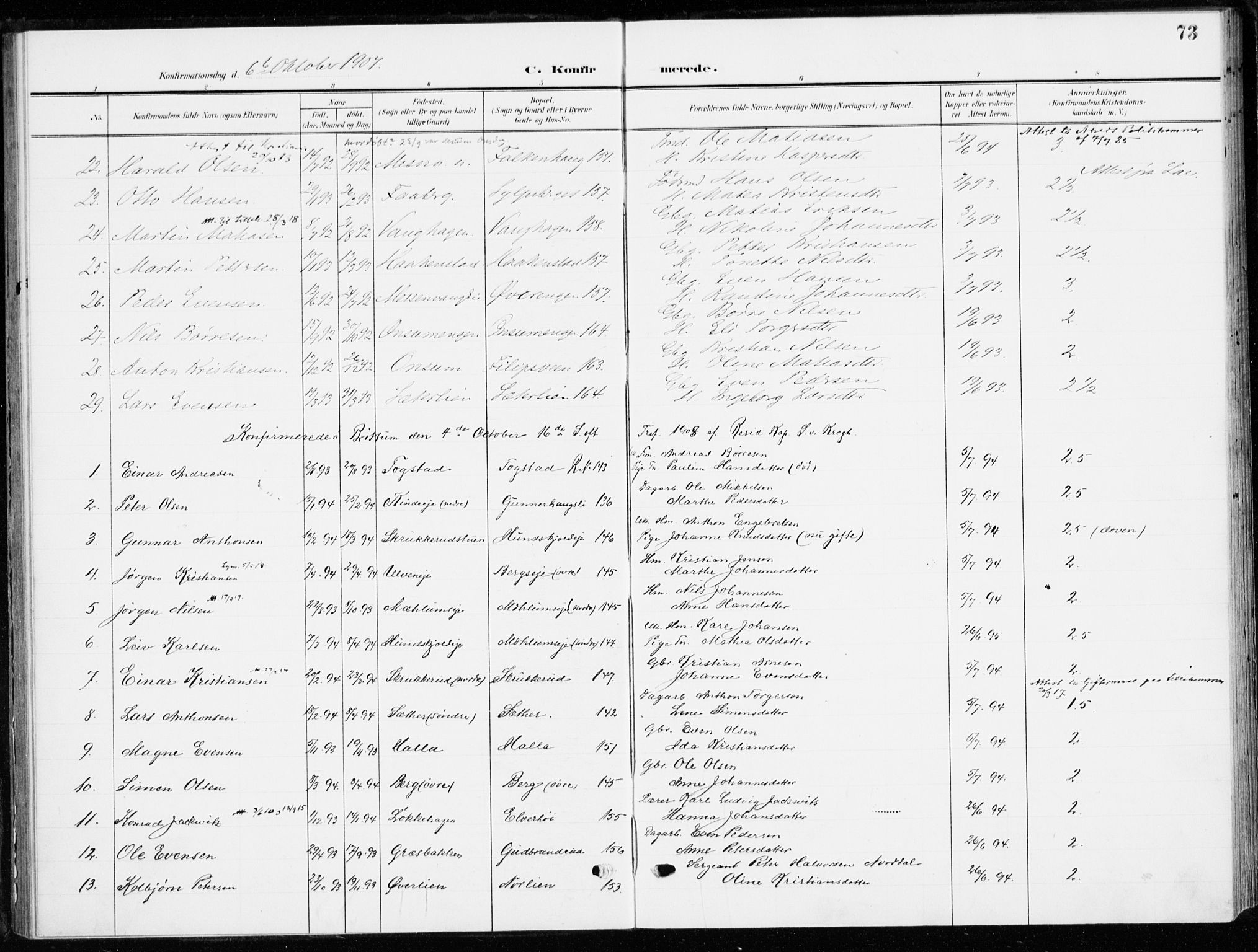 Ringsaker prestekontor, SAH/PREST-014/K/Ka/L0021: Parish register (official) no. 21, 1905-1920, p. 73