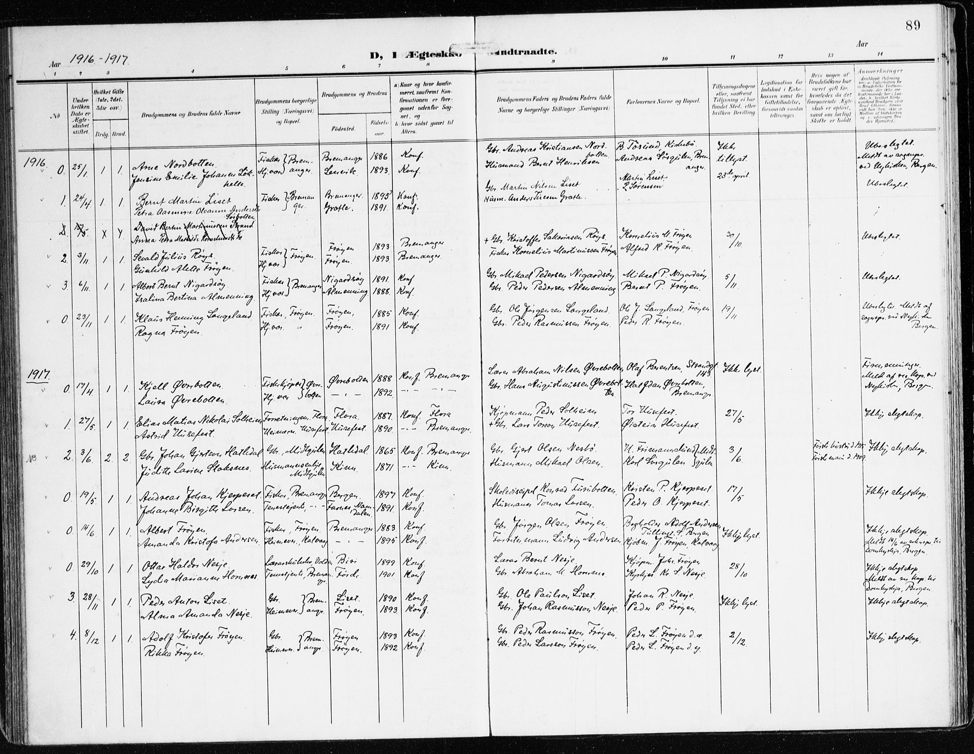 Bremanger sokneprestembete, SAB/A-82201/H/Haa/Haab/L0003: Parish register (official) no. B 3, 1908-1925, p. 89