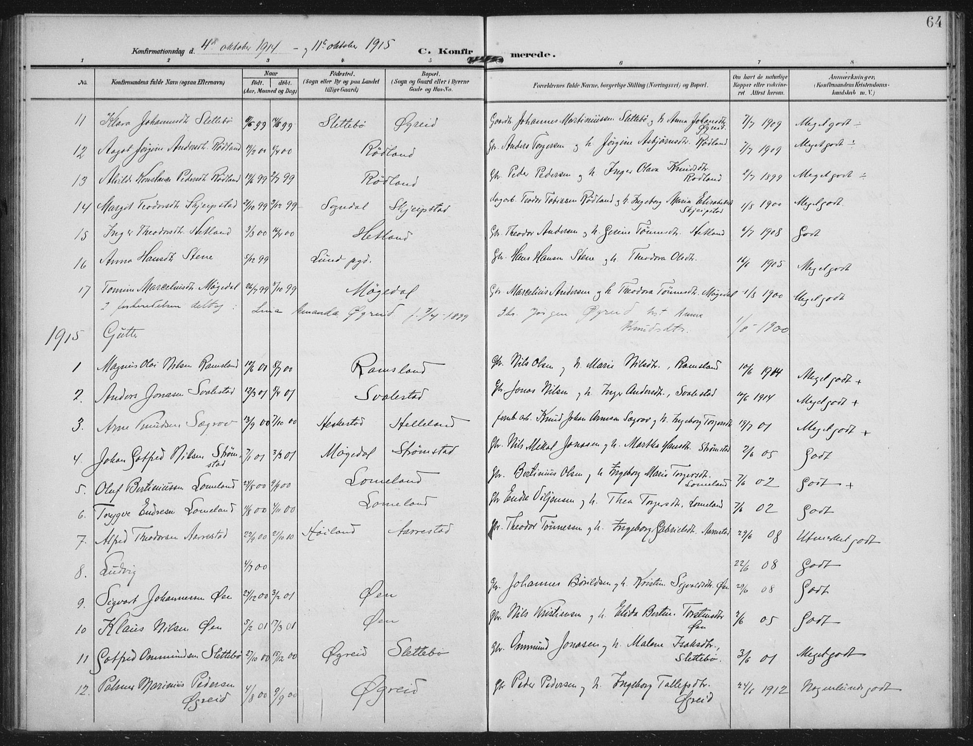 Helleland sokneprestkontor, SAST/A-101810: Parish register (official) no. A 12, 1906-1923, p. 64