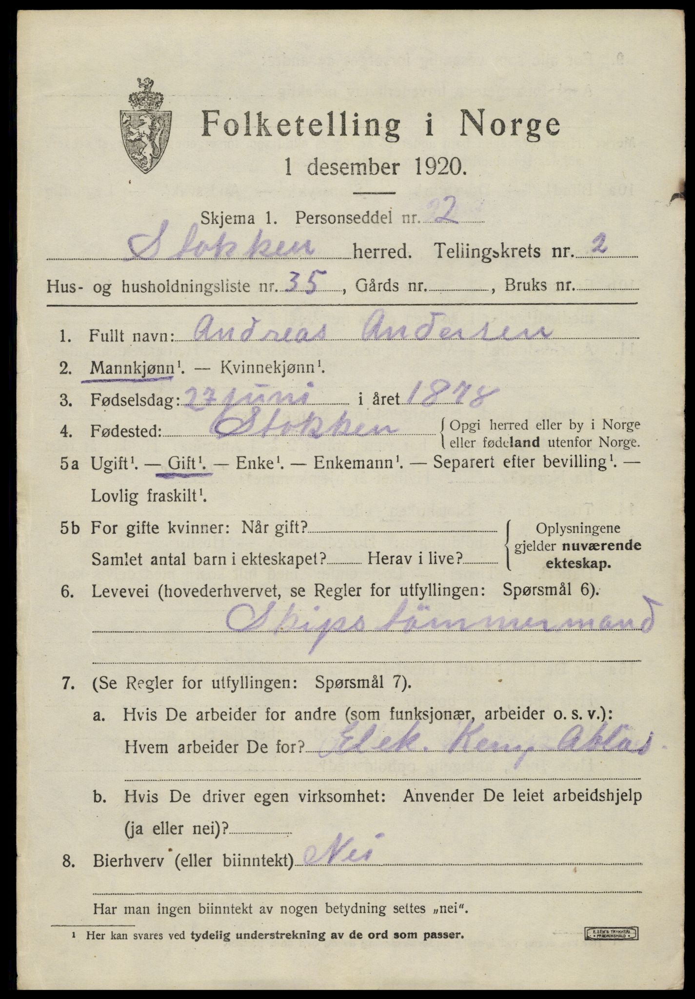 SAK, 1920 census for Stokken, 1920, p. 1904