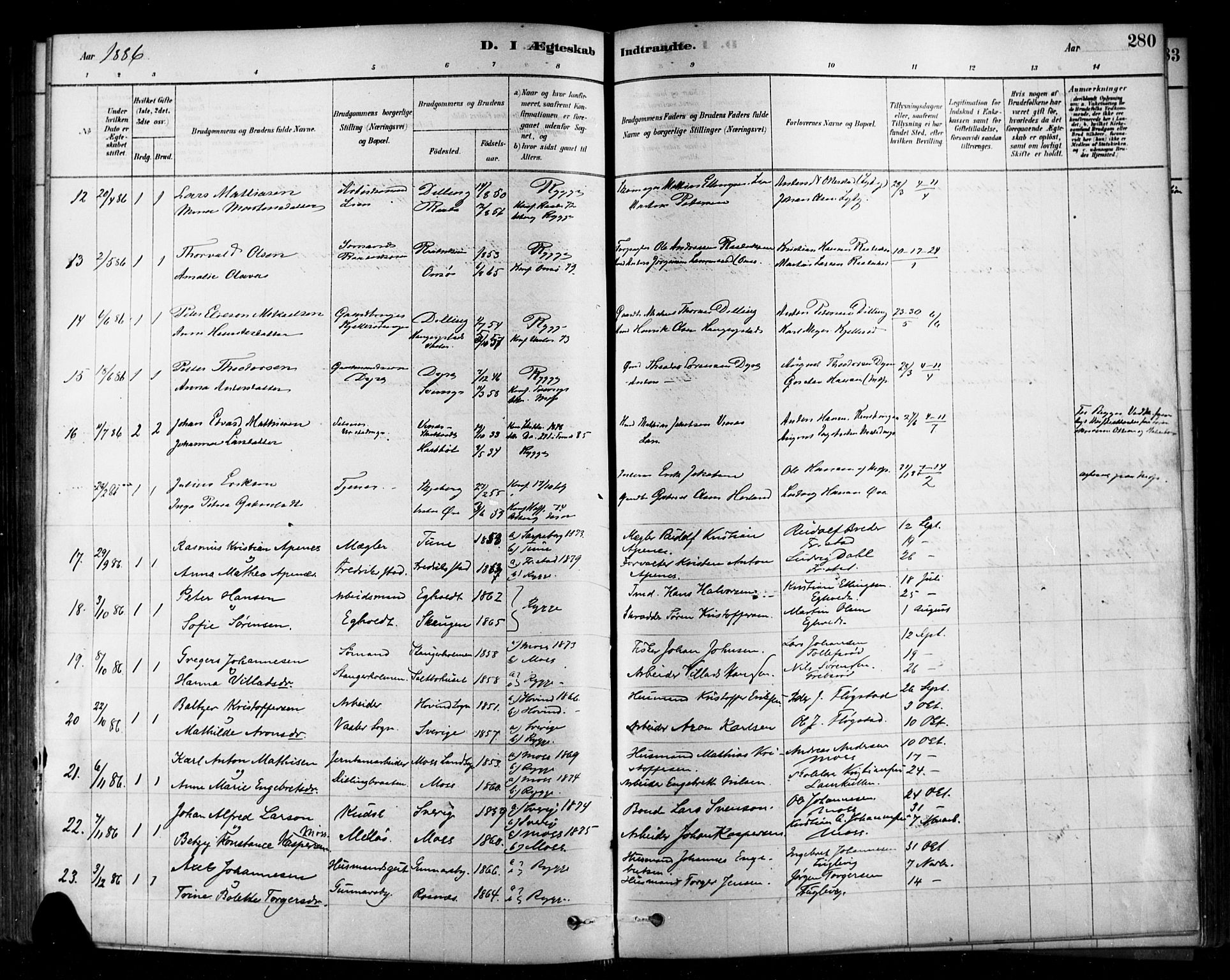 Rygge prestekontor Kirkebøker, AV/SAO-A-10084b/F/Fa/L0007: Parish register (official) no. 7, 1878-1904, p. 280