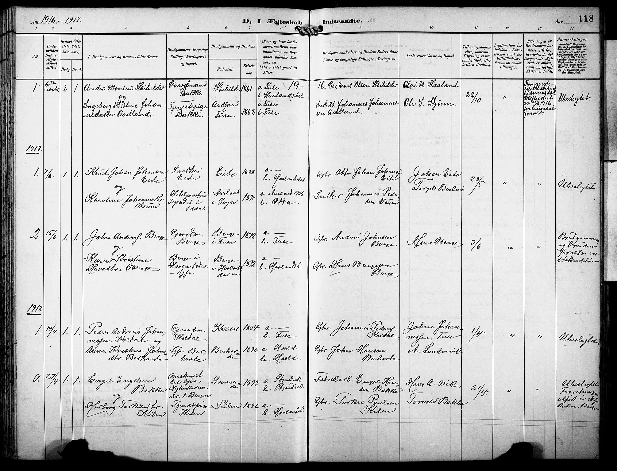 Fusa sokneprestembete, SAB/A-75401/H/Hab: Parish register (copy) no. B 2, 1897-1930, p. 118