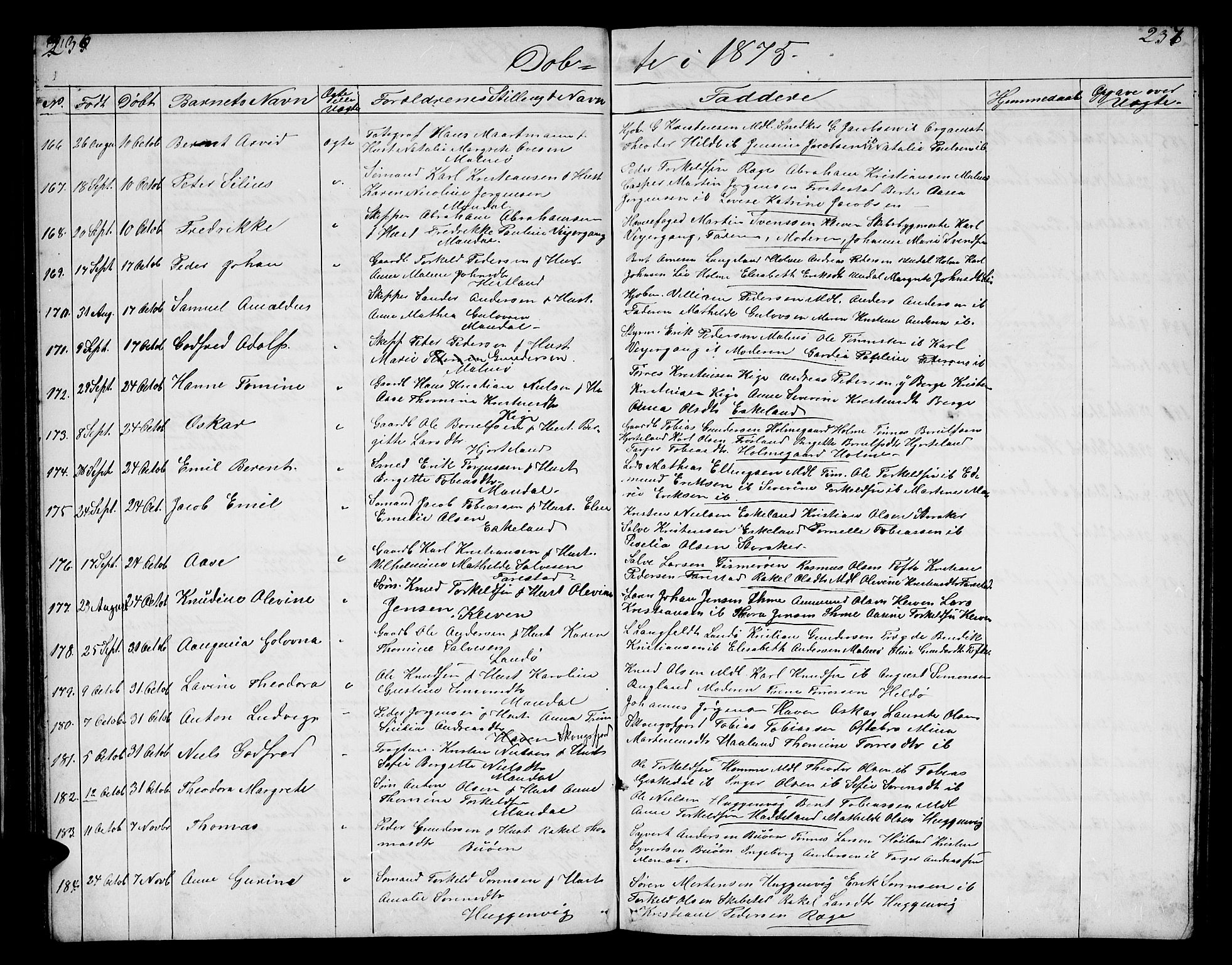 Mandal sokneprestkontor, AV/SAK-1111-0030/F/Fb/Fba/L0009: Parish register (copy) no. B 3, 1867-1877, p. 236-237