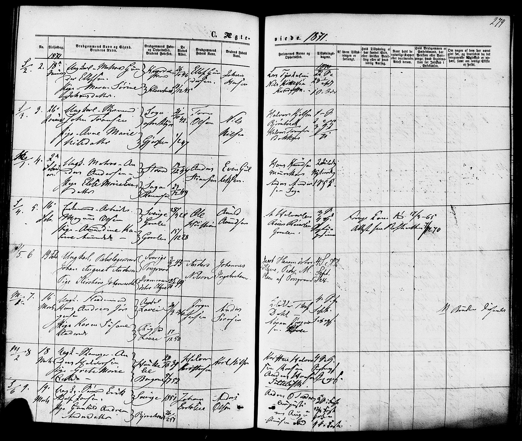 Solum kirkebøker, SAKO/A-306/F/Fa/L0008: Parish register (official) no. I 8, 1865-1876, p. 279