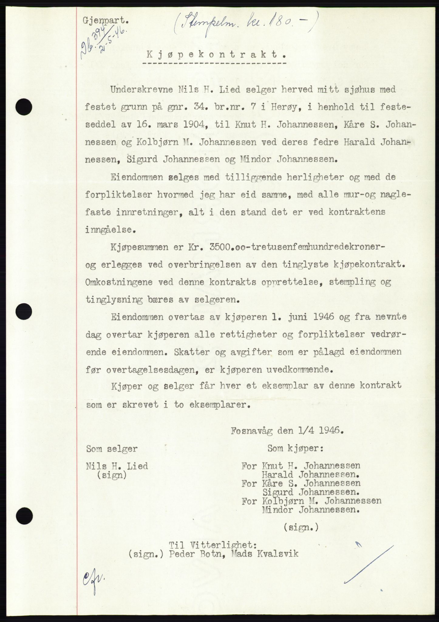 Søre Sunnmøre sorenskriveri, AV/SAT-A-4122/1/2/2C/L0078: Mortgage book no. 4A, 1946-1946, Diary no: : 394/1946